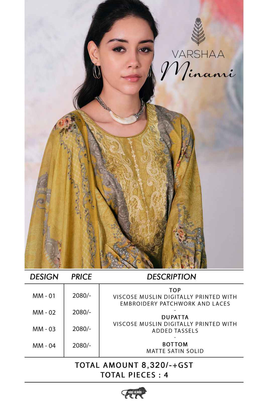 Varshaa Minami Viscose Muslin Dress Material 4 pcs Catalogue