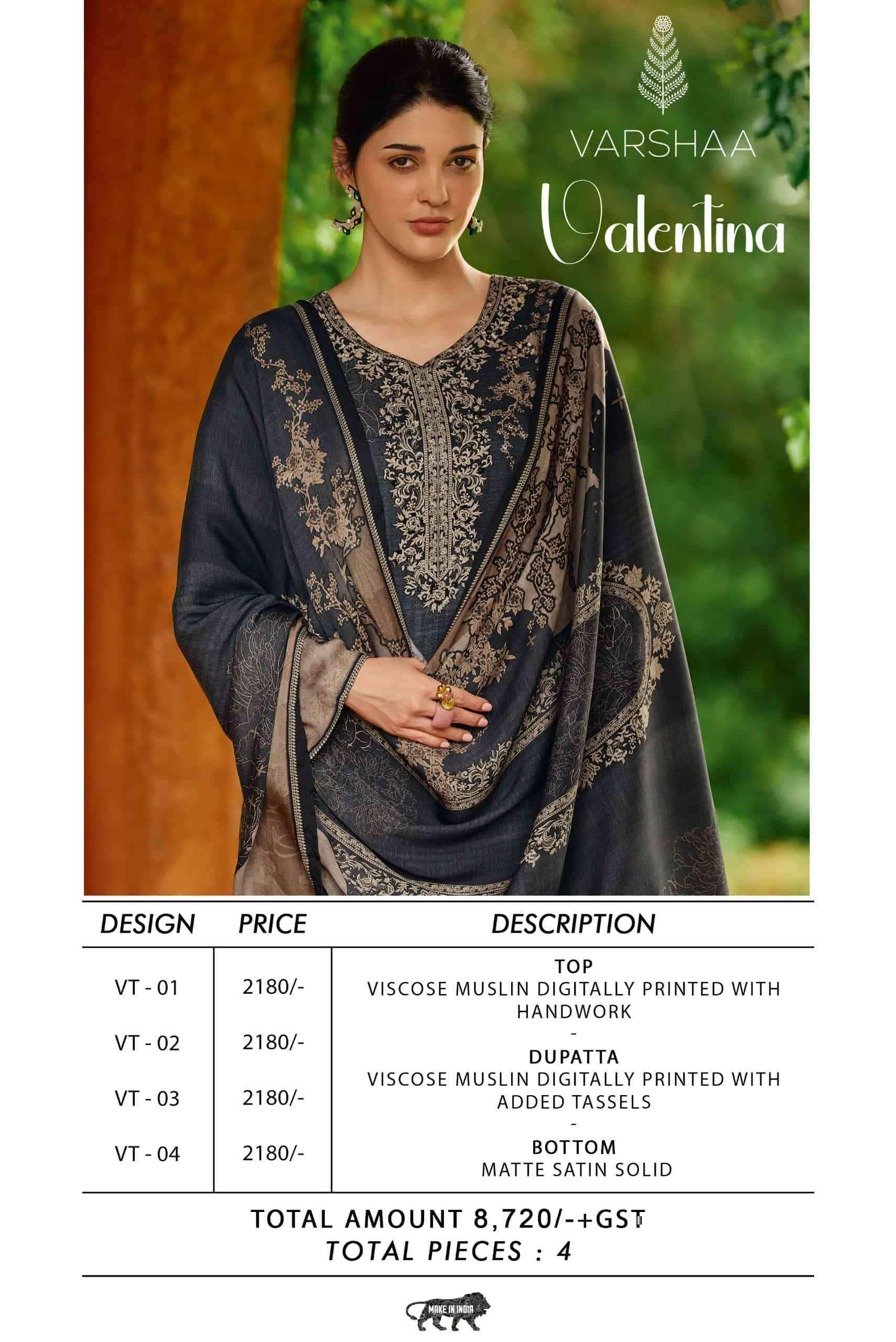 Varshaa Valentina Viscose Muslin Dress Material 4 pcs Catalogue