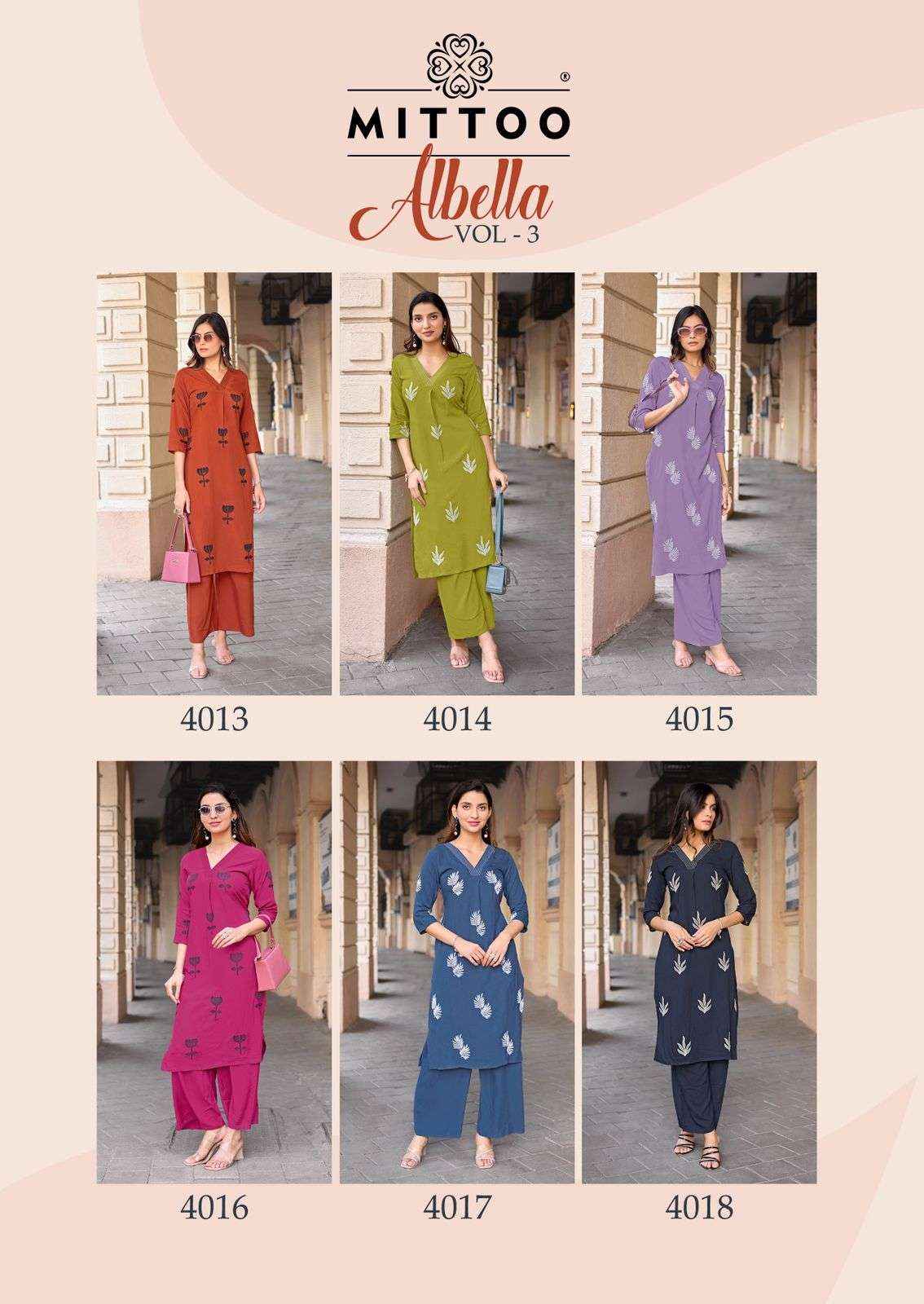 Mittoo Albella Vol 3 Rayon Kurti with Bottom 6 pcs Catalogue
