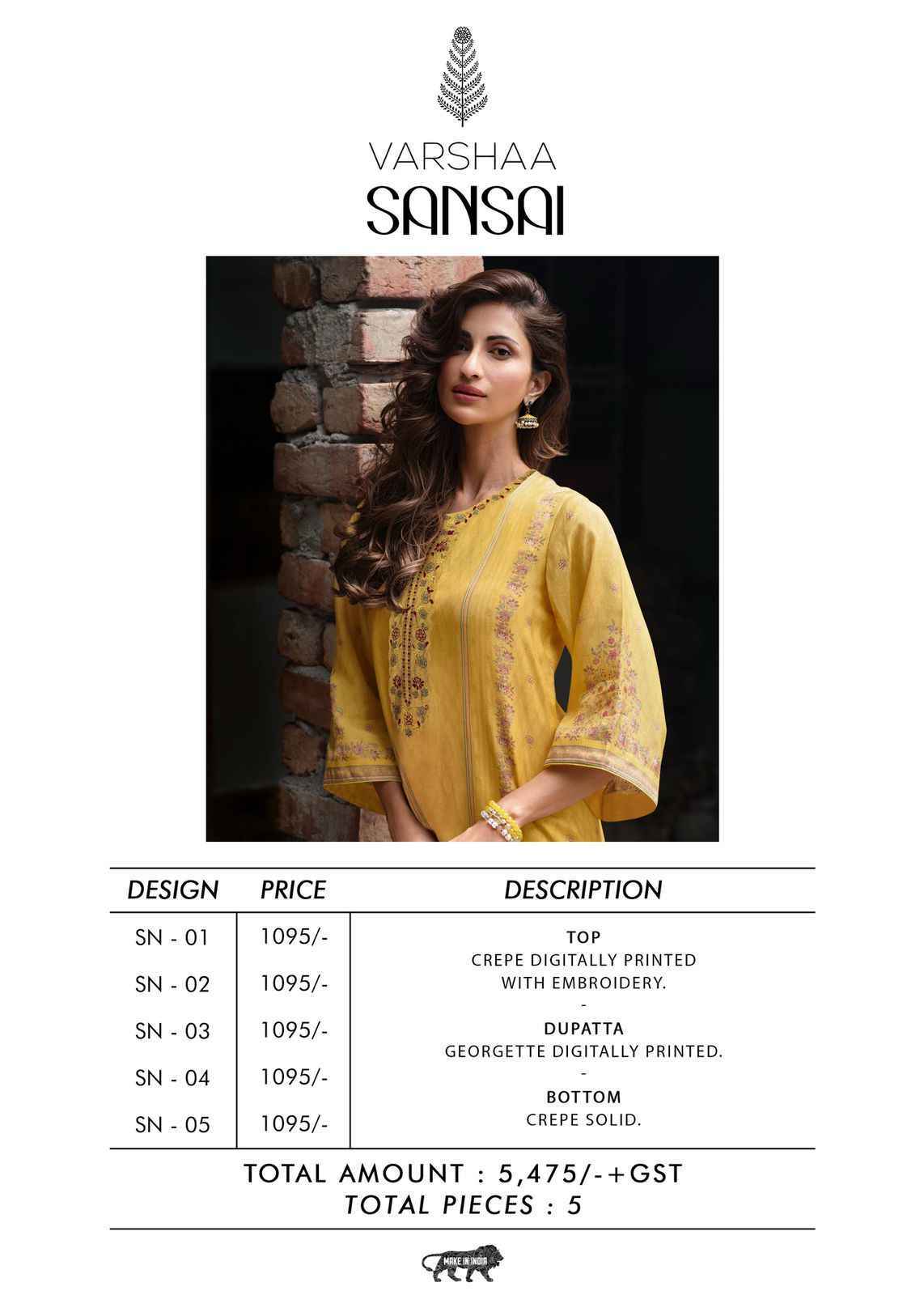Varshaa Sansai Crepe Dress Material 5 pcs Catalogue