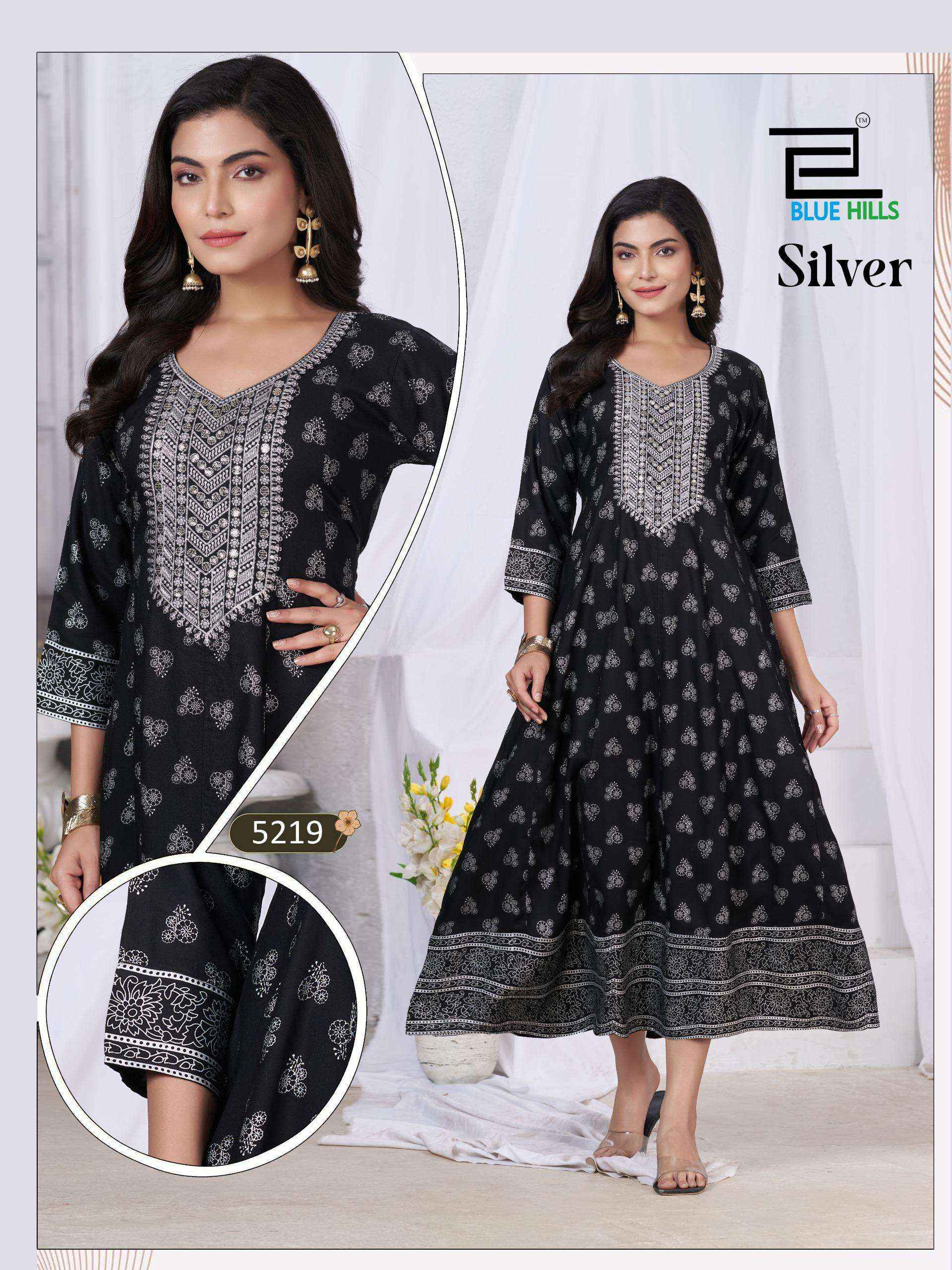 Blue Hills Silver Anarkali Rayon Gown 6 pcs Catalogue