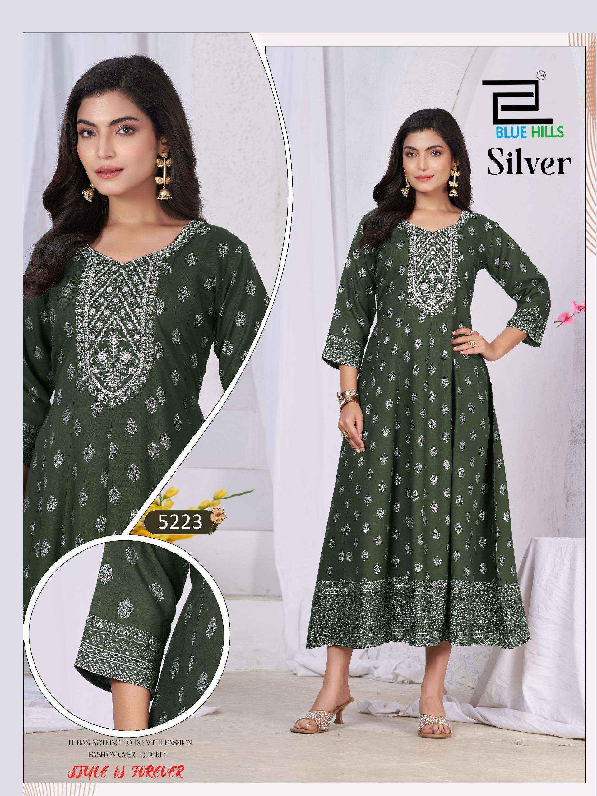 Blue Hills Silver Anarkali Rayon Gown 6 pcs Catalogue