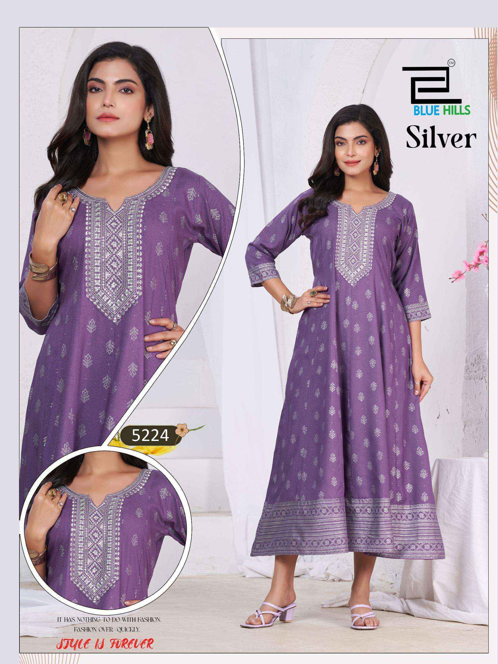 Blue Hills Silver Anarkali Rayon Gown 6 pcs Catalogue