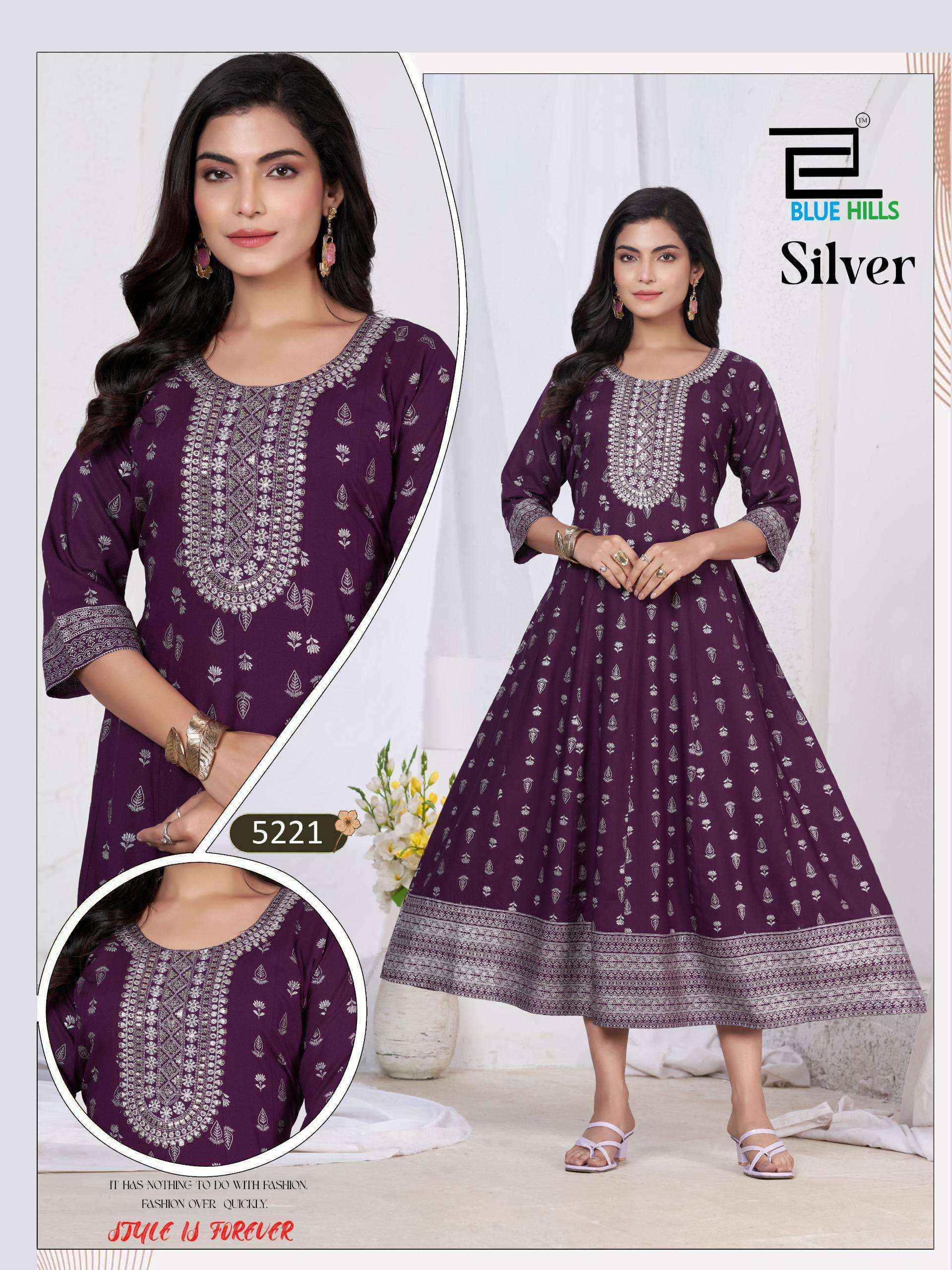 Blue Hills Silver Anarkali Rayon Gown 6 pcs Catalogue