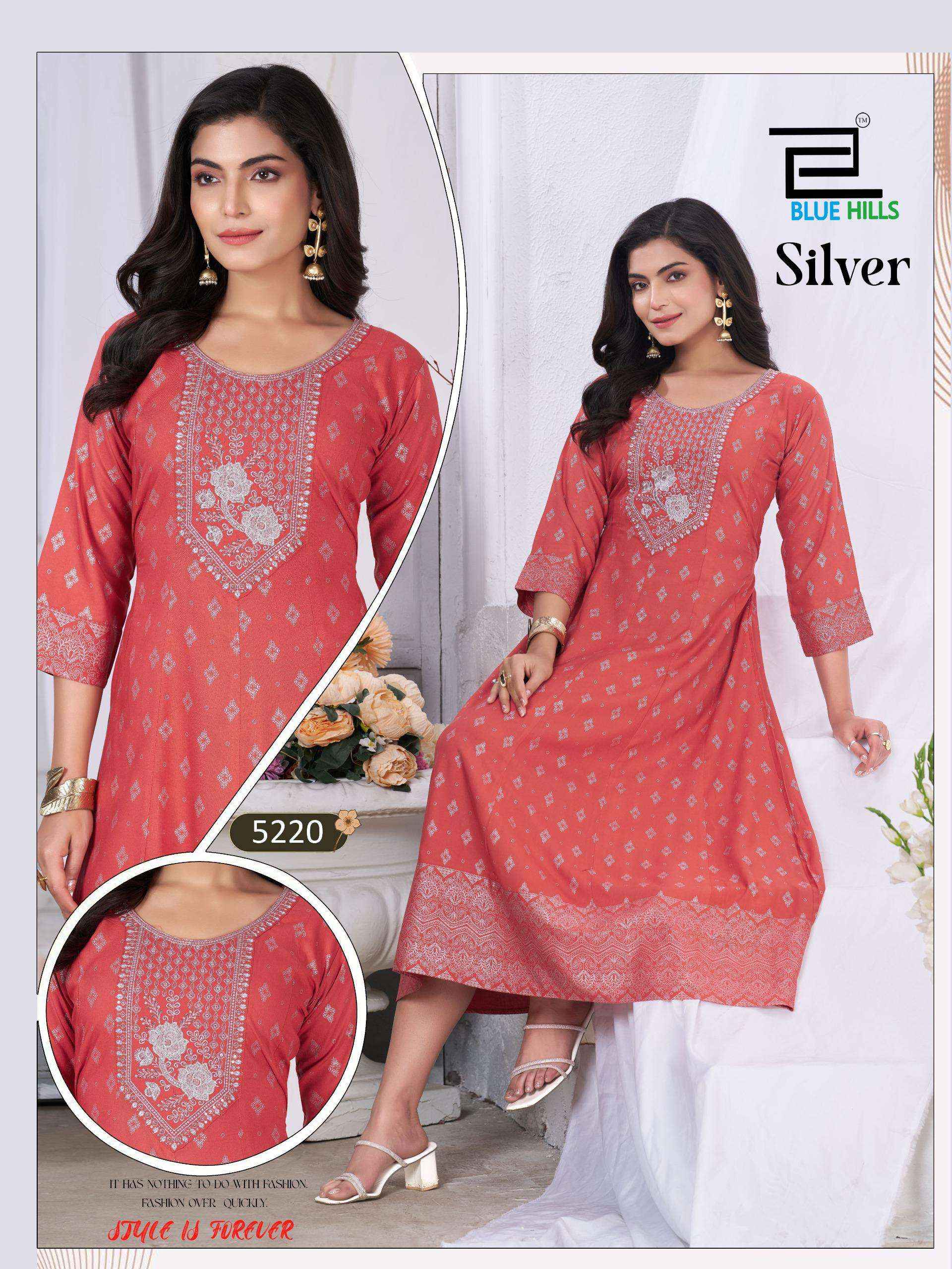 Blue Hills Silver Anarkali Rayon Gown 6 pcs Catalogue