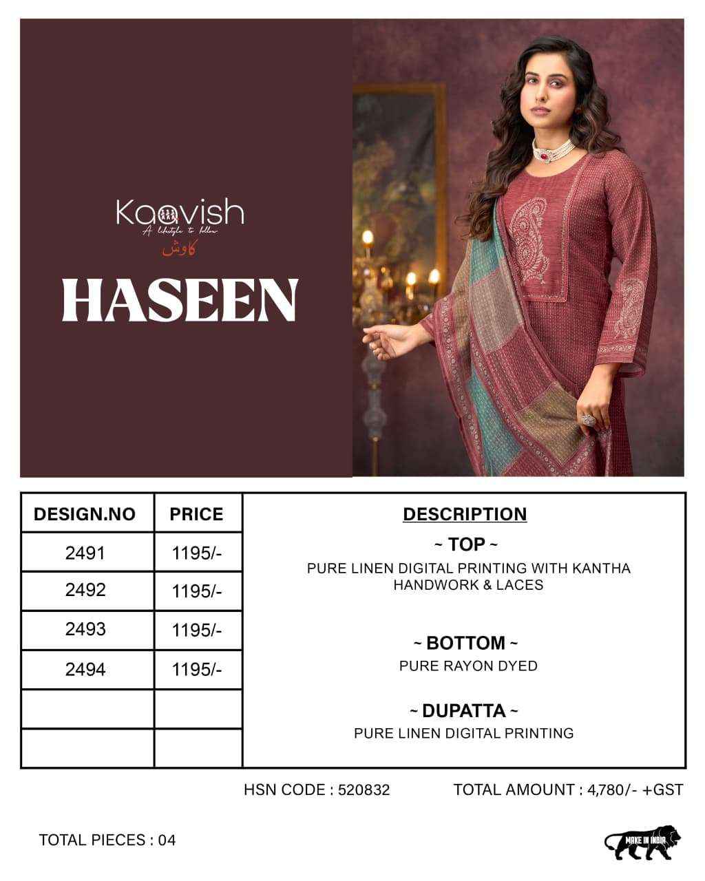 Kaavish Haseen Linen Cotton Dress Material 4 pcs Catalogue