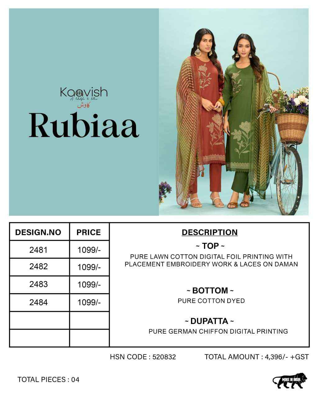 Kaavish Rubiaa Lawn Cotton Dress Material 4 pcs Catalogue