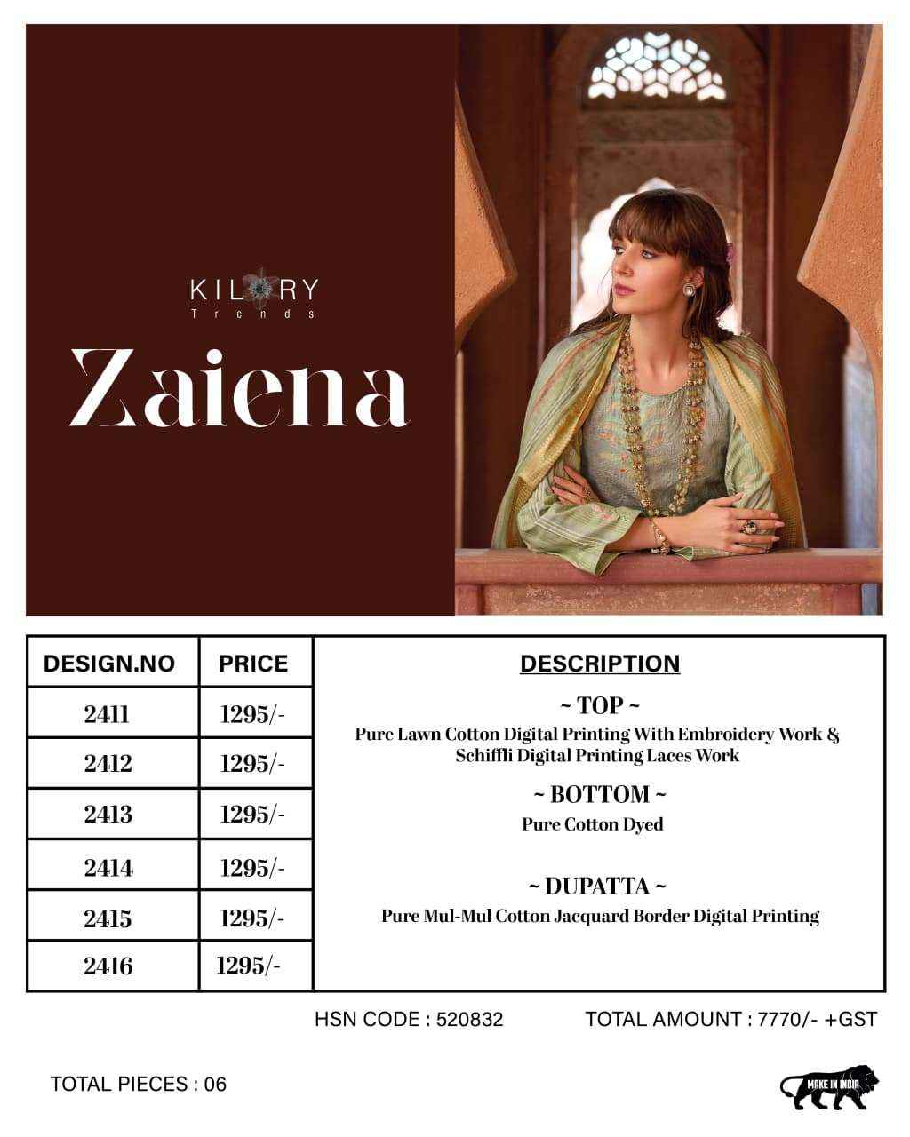 Kilory Trends Zaiena Lawn Cotton Dress Material 6 pcs Catalogue
