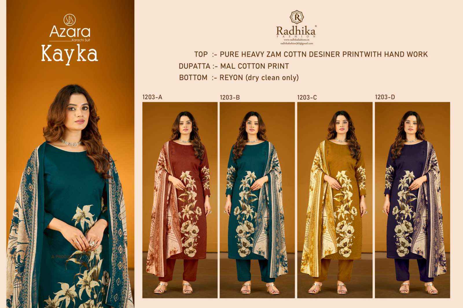 Radhika Fashion Kayka D No 1203 Jam Cotton Dress Material 4 pcs Catalogue