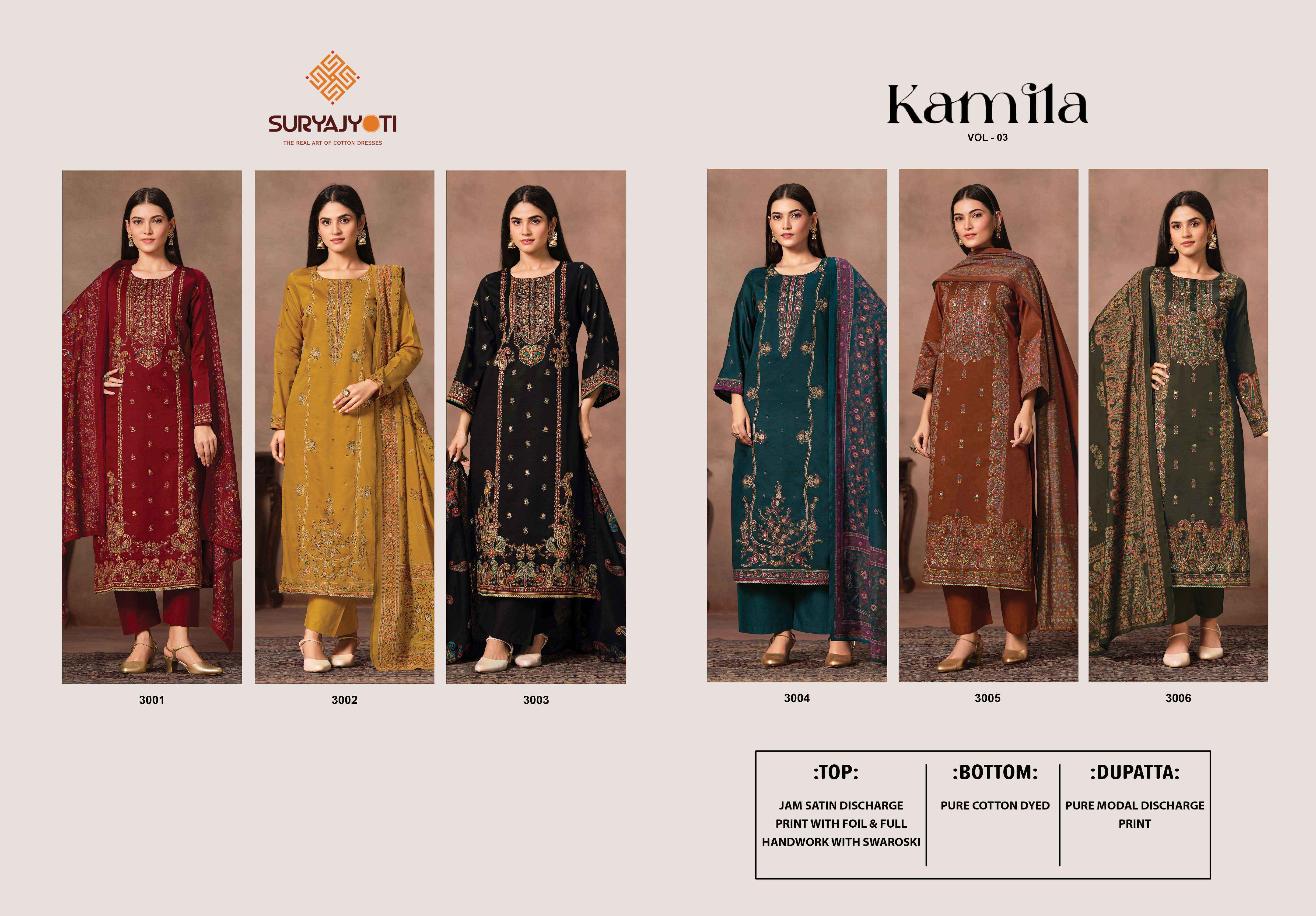 Suryajyoti Kamila Vol 3 Jam Satin Dress Material 6 Pcs Catalouge
