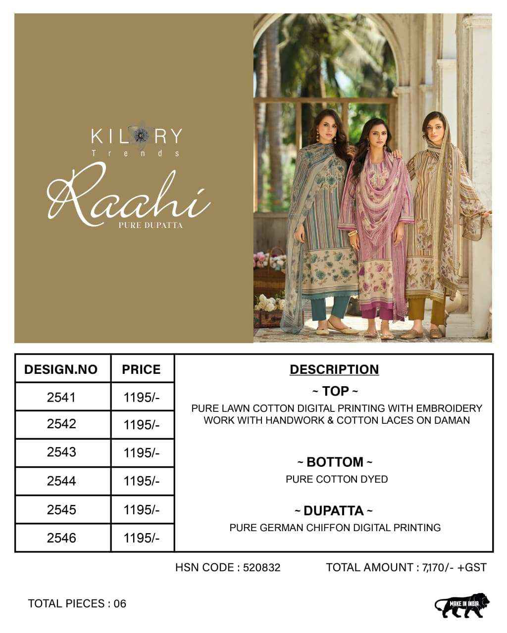 Kilory Trends Raahi Lawn Cotton Dress Material 6 pcs Catalogue