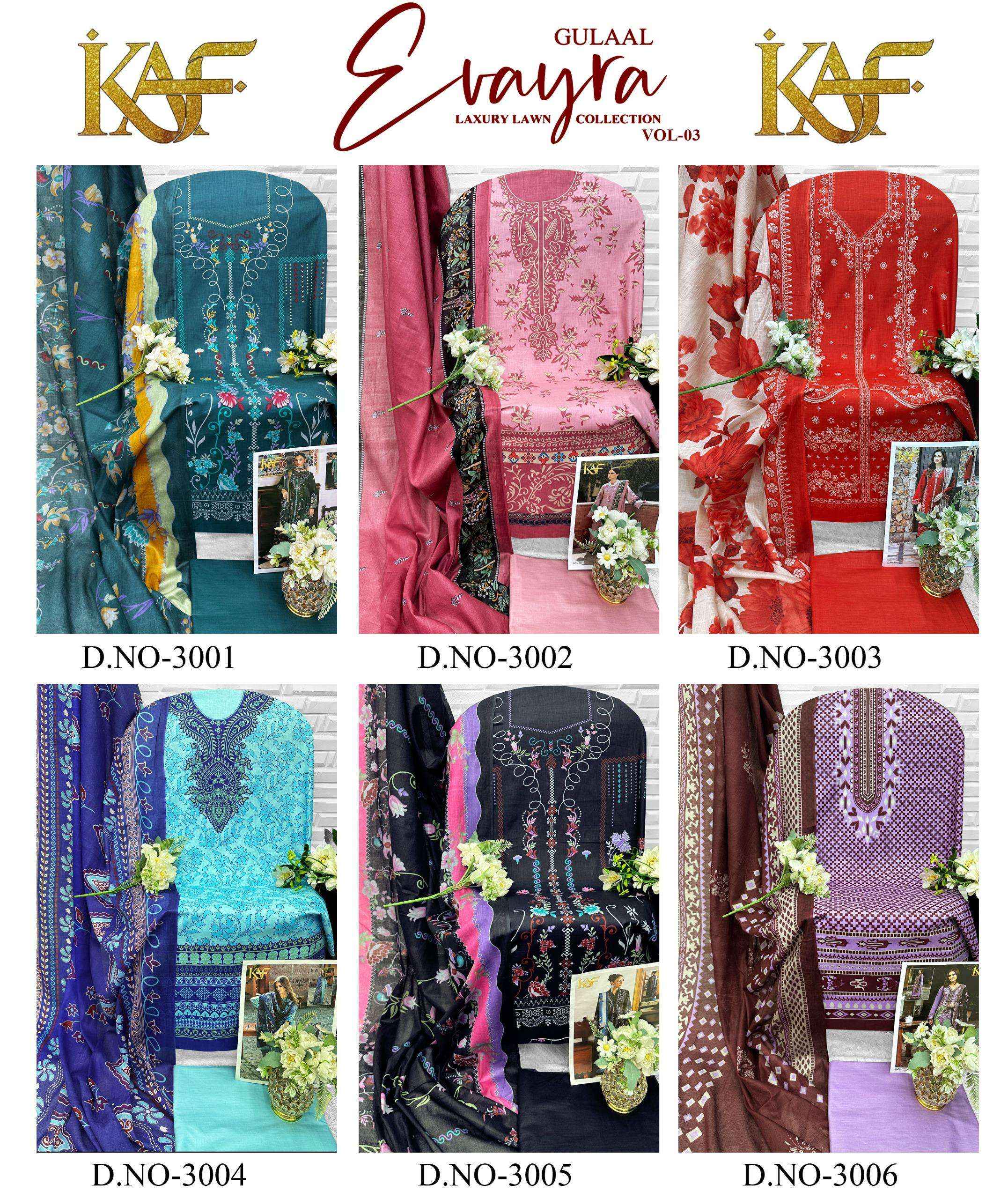 KAF Fabric Evayra Gulaal Vol 3 Cotton Dress Material 6 Pc Catalouge