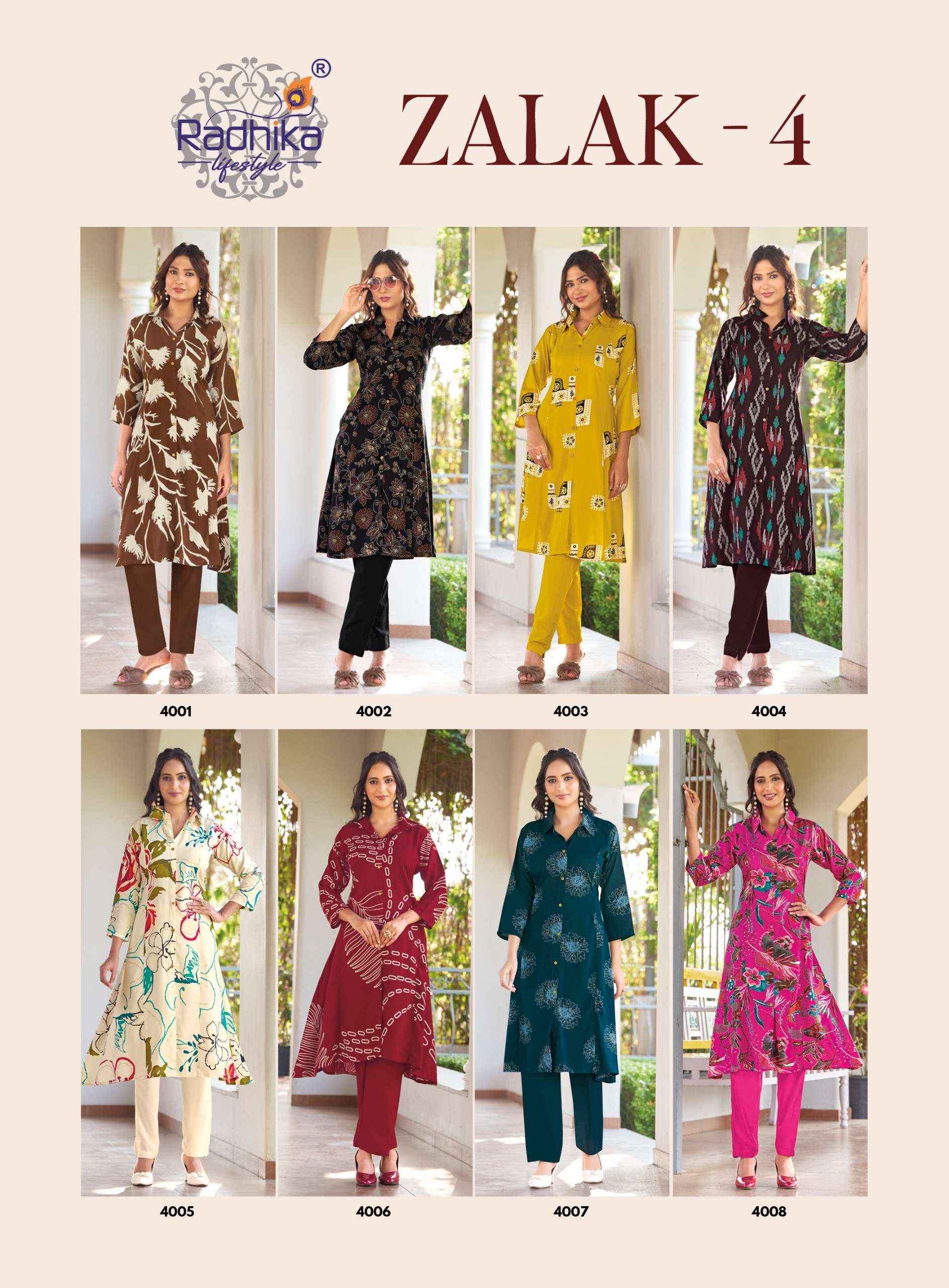 Radhika Lifestyle Zalak Vol 4 Rayon Co ord Set 8 pcs Catalogue