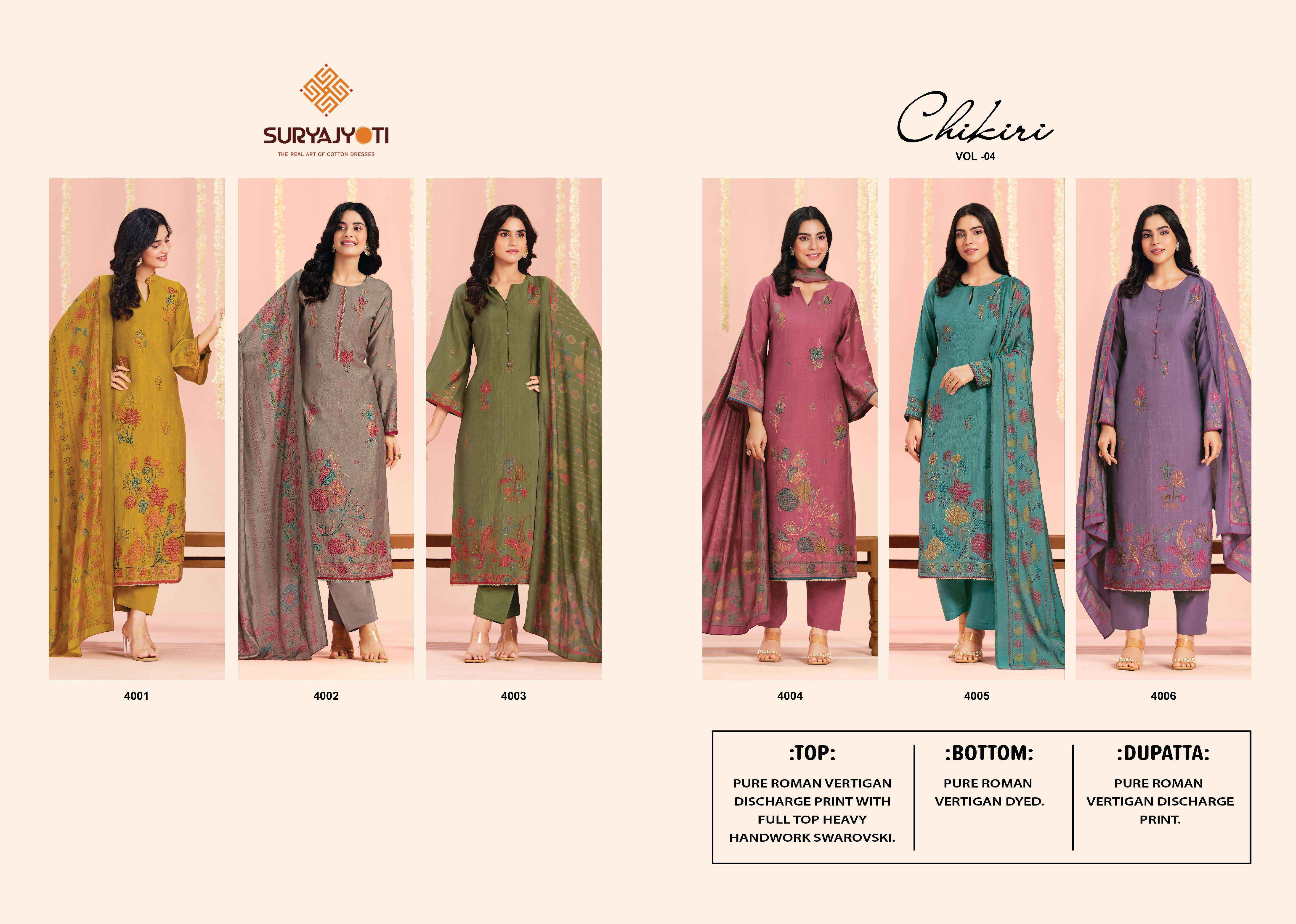 Suryajyoti Chikiri Vol 4 Roman Silk Dress Material 6 Pcs Catalouge