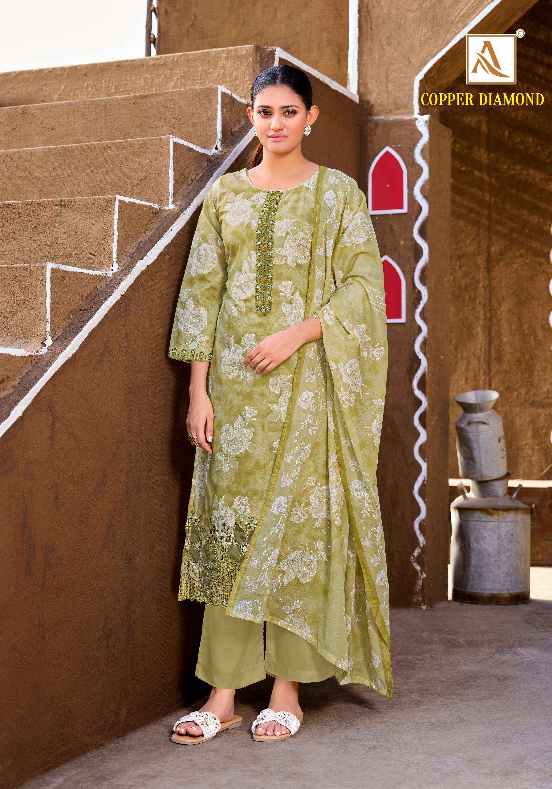 Alok Copper Diamond Cambric Cotton Dress Material 6 pcs Catalogue