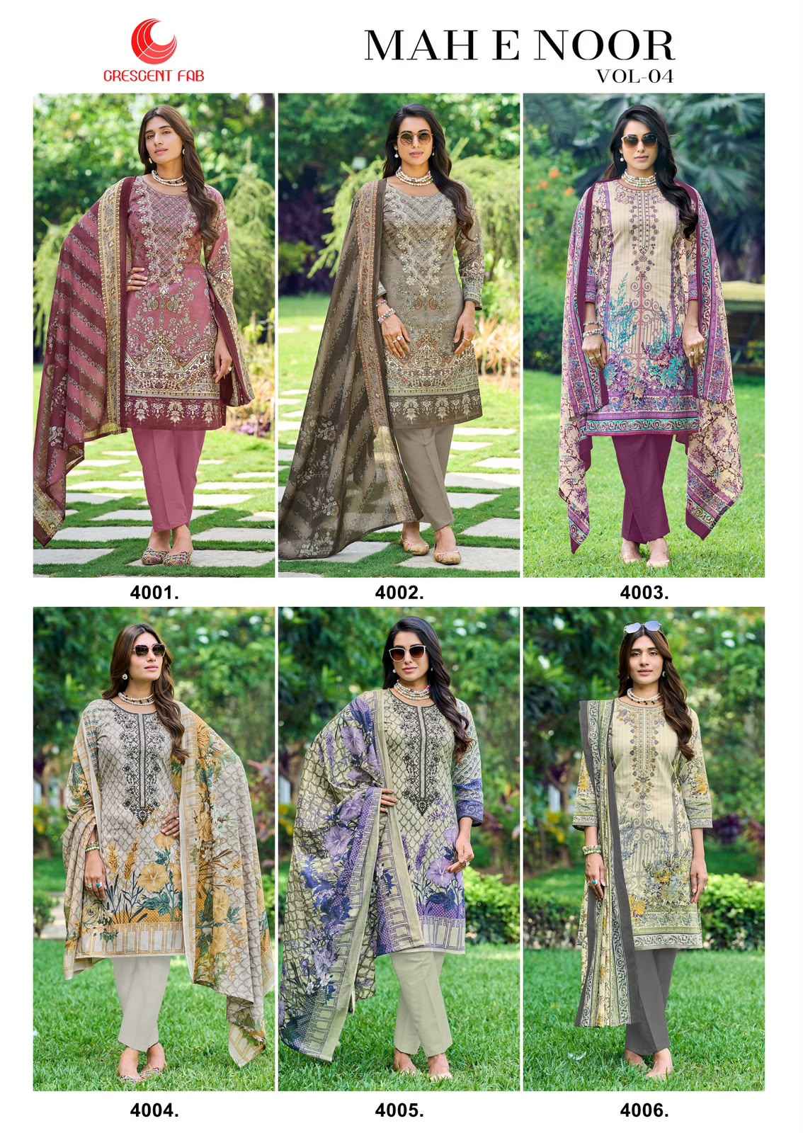 Crescent Fab Mah E Noor Vol 4 Lawn Dress Material 6 Pc Catalouge
