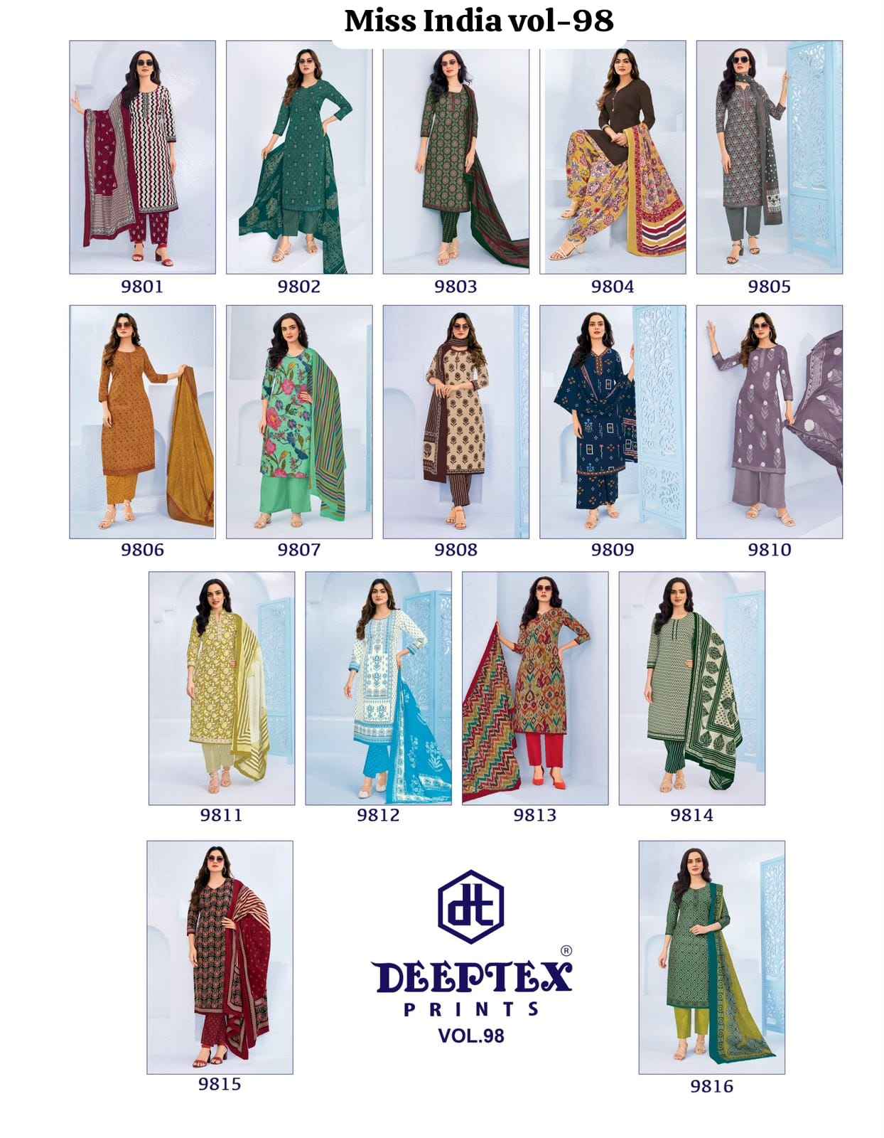 Deeptex Miss India Vol 98 Cotton Dress Material 16 pcs Catalogue