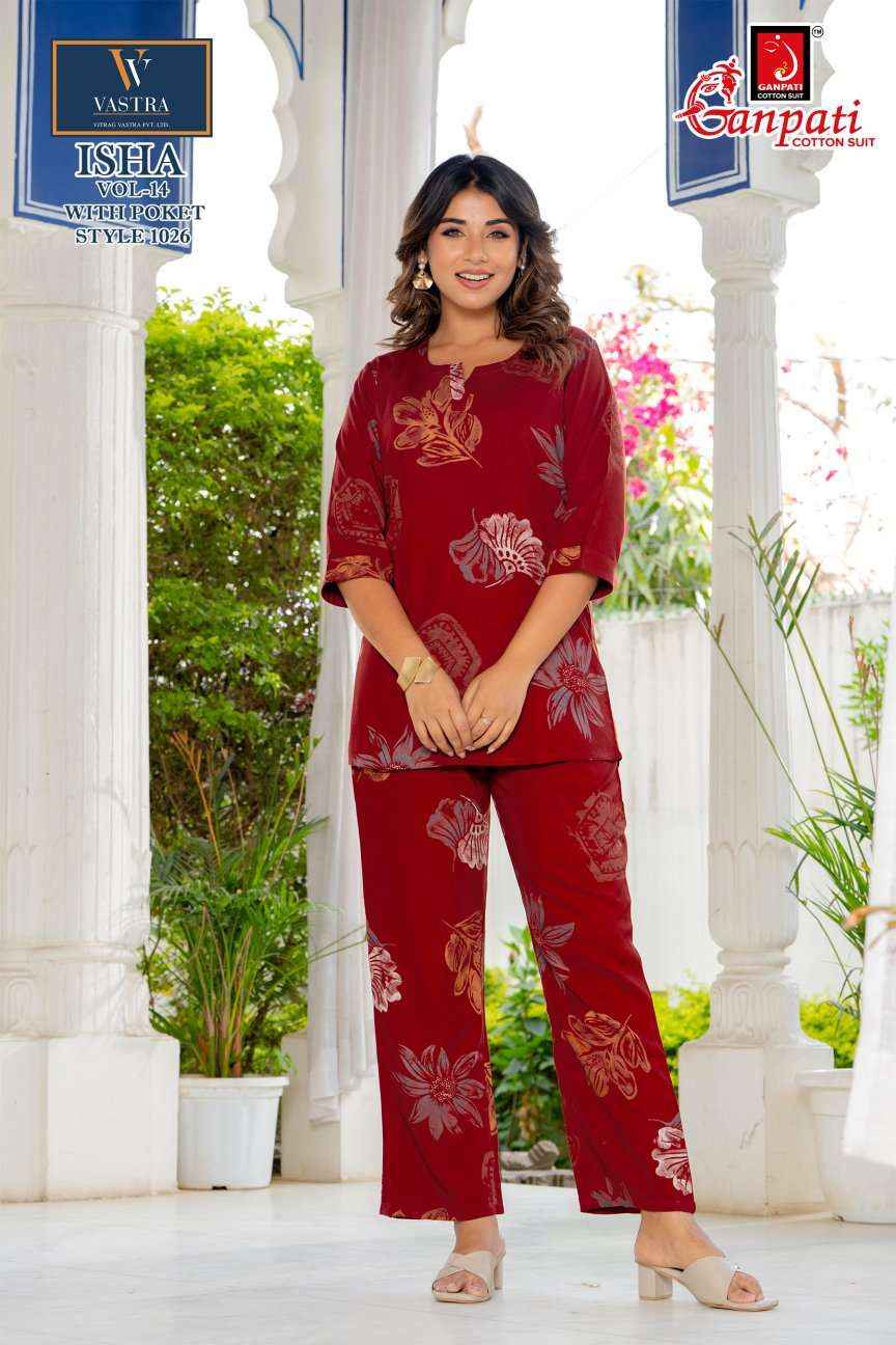 Ganpati Isha Vol 14 Rayon Co Ord Set 12 pcs Catalogue