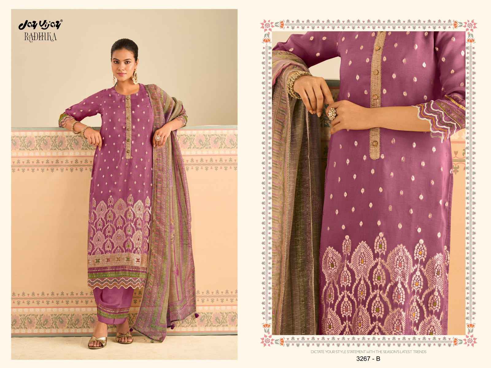 Jay Vijay Radhika 3267 Organza Jacquard Dress Material 4 pcs Catalogue