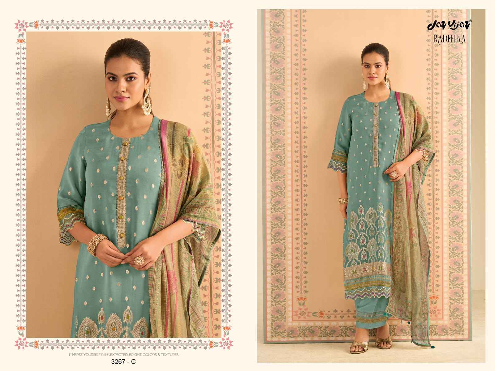 Jay Vijay Radhika 3267 Organza Jacquard Dress Material 4 pcs Catalogue