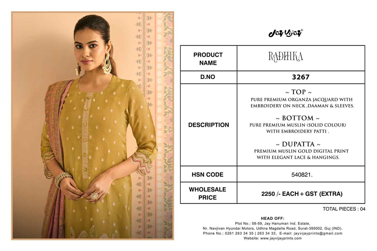 Jay Vijay Radhika 3267 Organza Jacquard Dress Material 4 pcs Catalogue