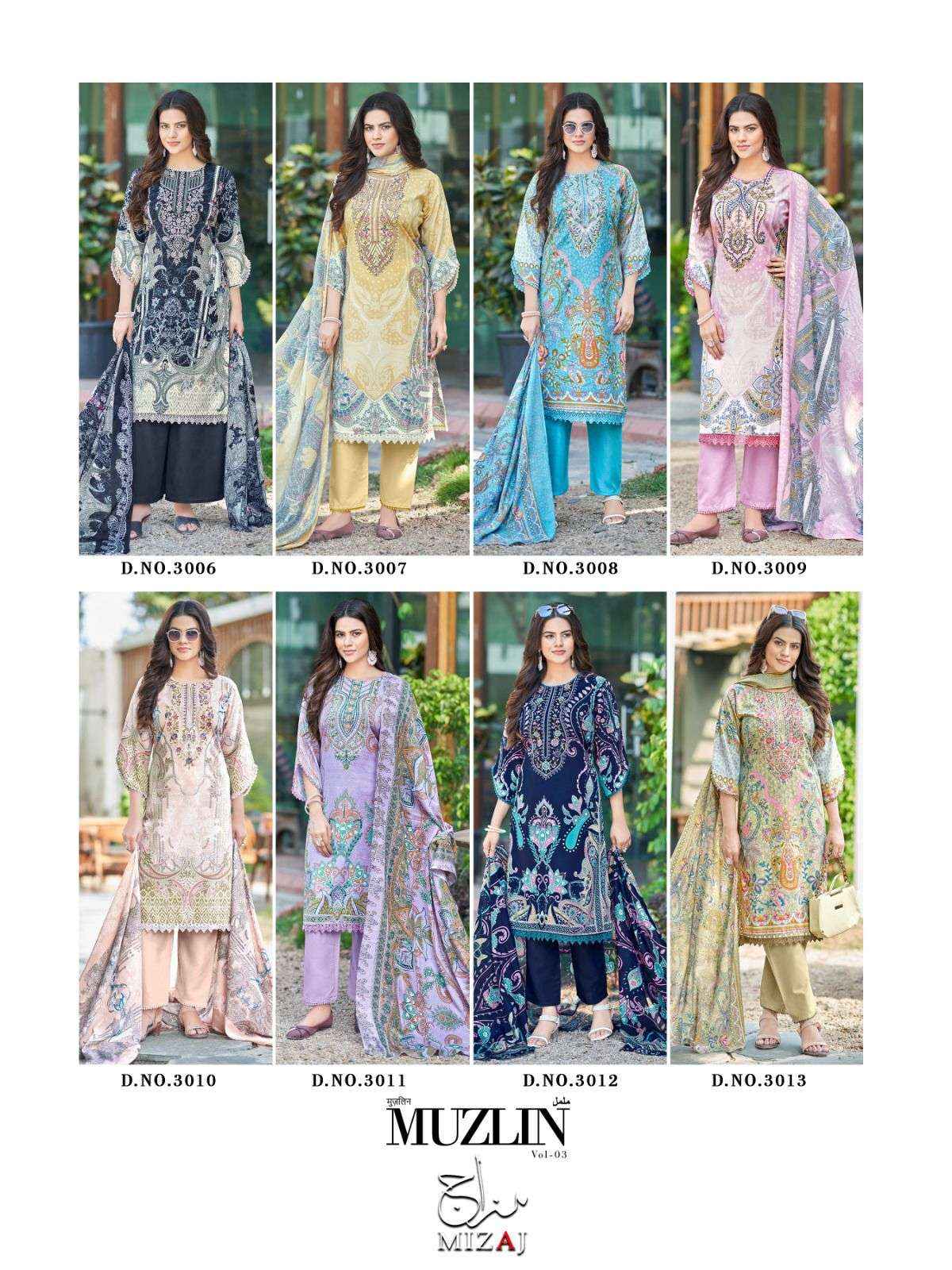 Mizaj Muzlin Vol 3 Cotton Dress Material 8 pcs Catalogue