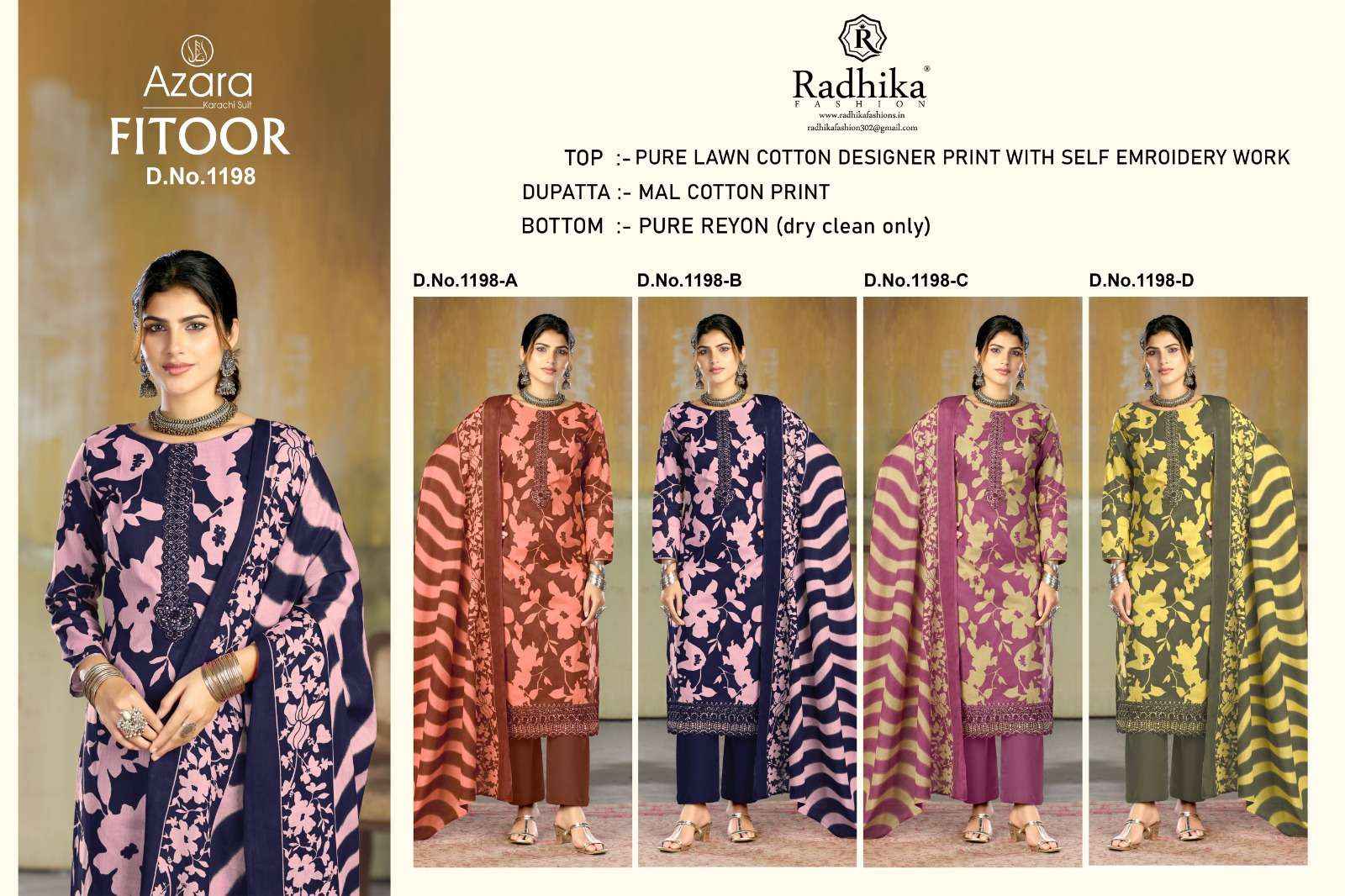 Radhika Fashion Azara Fitoor Lawn Cotton Dress Material 4 pcs Catalogue