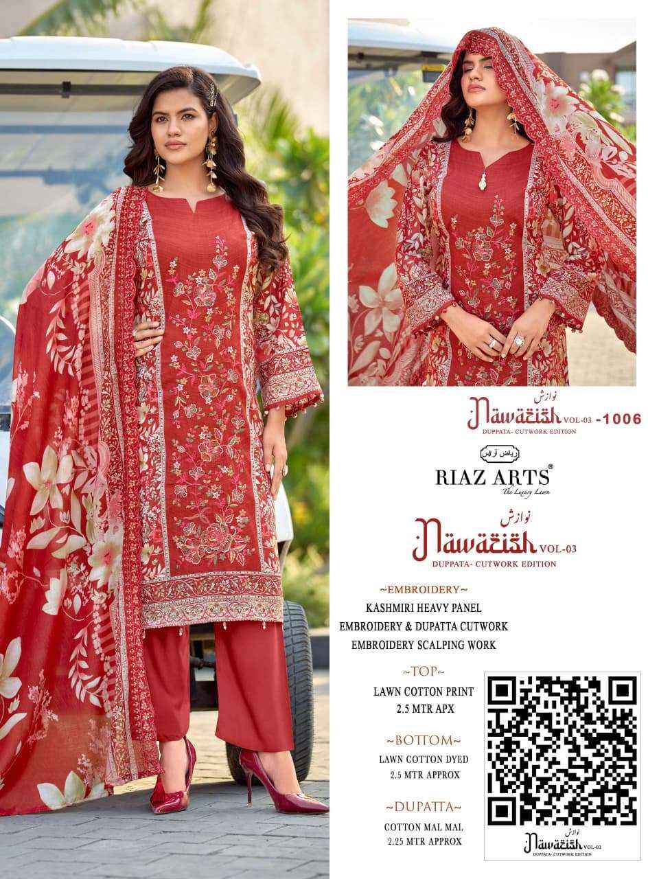 Riaz Arts Nawazish Vol 3 Lawn Cotton Dress Material 6 pcs Catalogue
