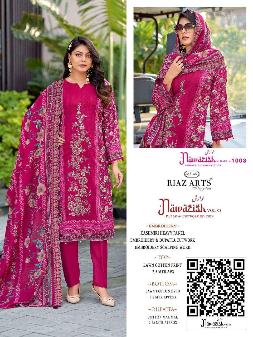 Riaz Arts Nawazish Vol 3 Lawn Cotton Dress Material 6 pcs Catalogue