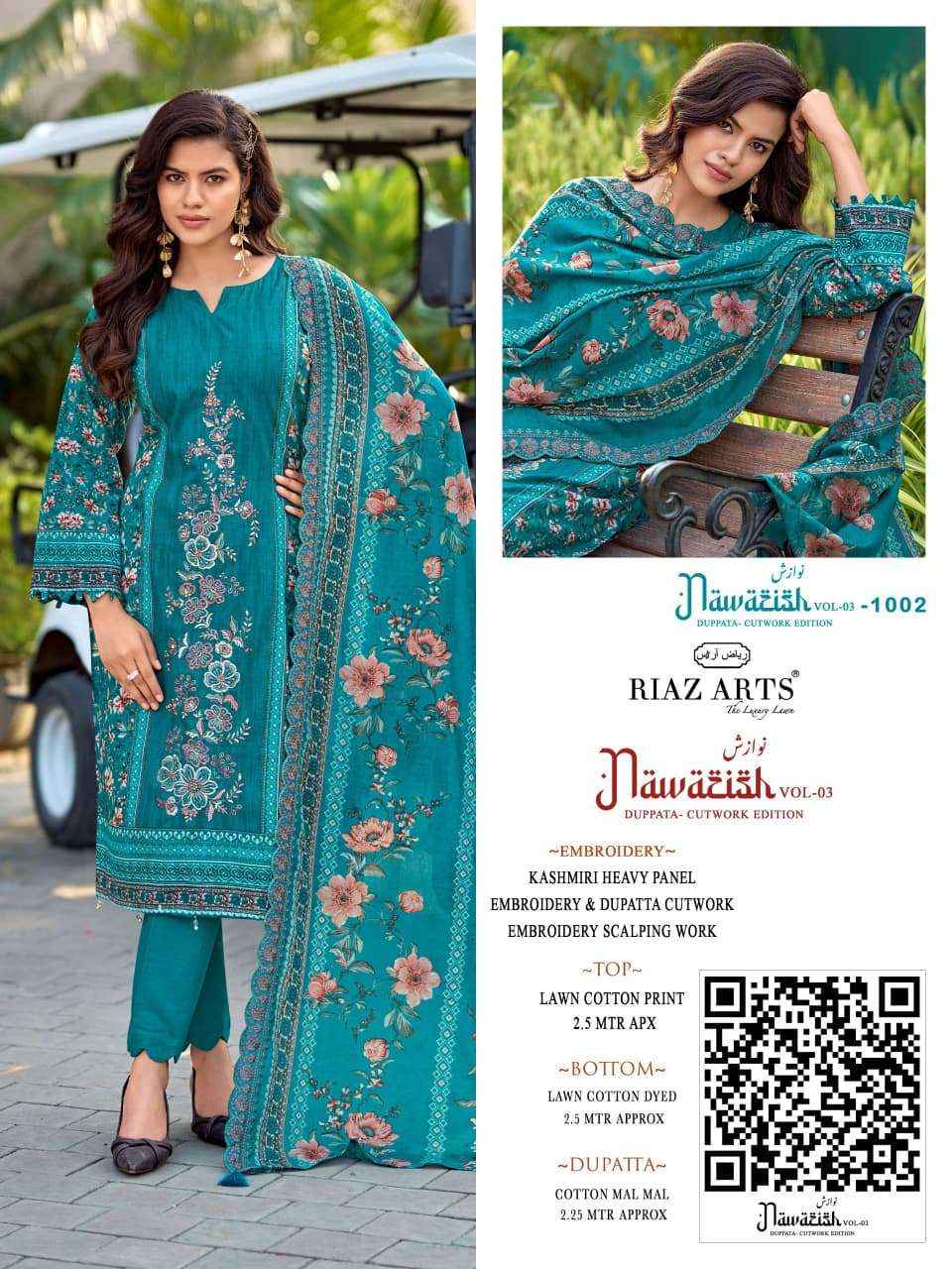 Riaz Arts Nawazish Vol 3 Lawn Cotton Dress Material 6 pcs Catalogue