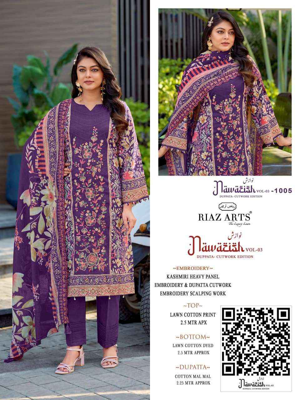 Riaz Arts Nawazish Vol 3 Lawn Cotton Dress Material 6 pcs Catalogue