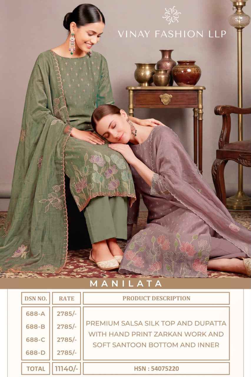 Vinay Fashion Kuleesh Manilata Salsa Silk Dress Material 4 pcs Catalogue