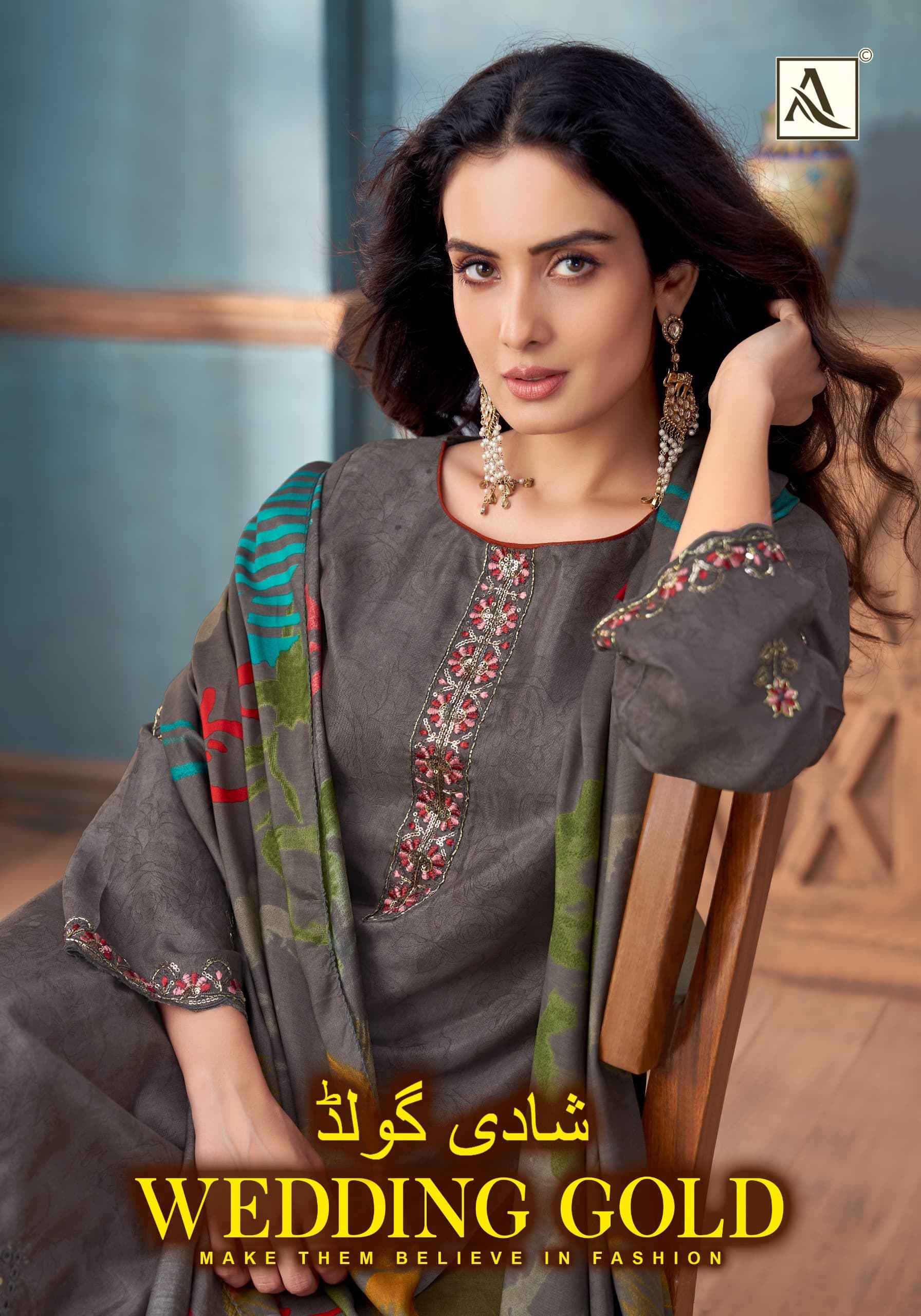 Alok Wedding Gold Viscose Muslin Dress Material 6 pcs Catalogue