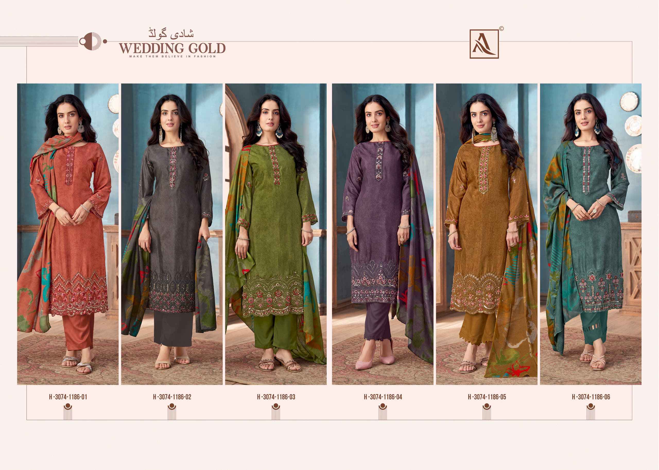 Alok Wedding Gold Viscose Muslin Dress Material 6 pcs Catalogue