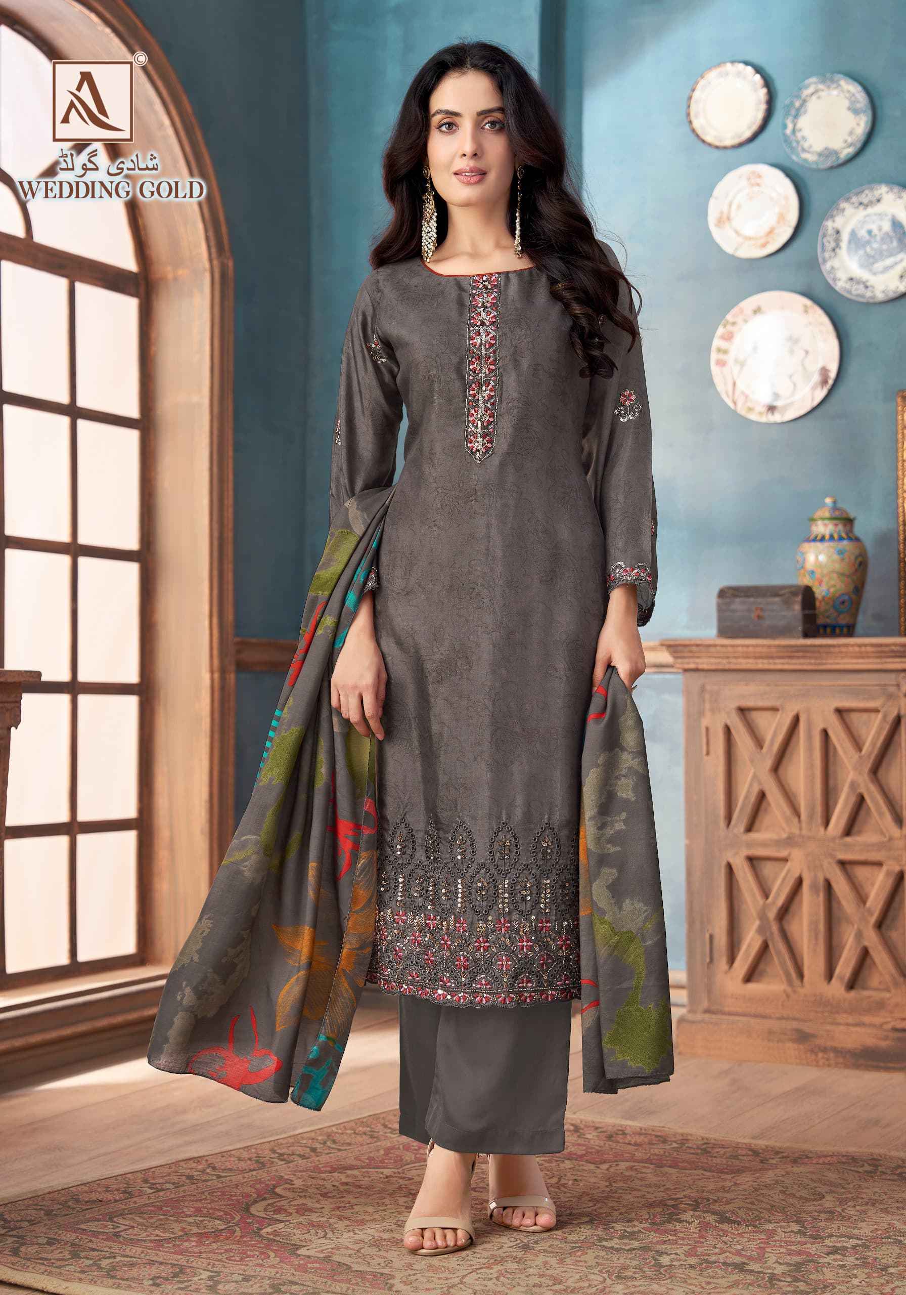 Alok Wedding Gold Viscose Muslin Dress Material 6 pcs Catalogue