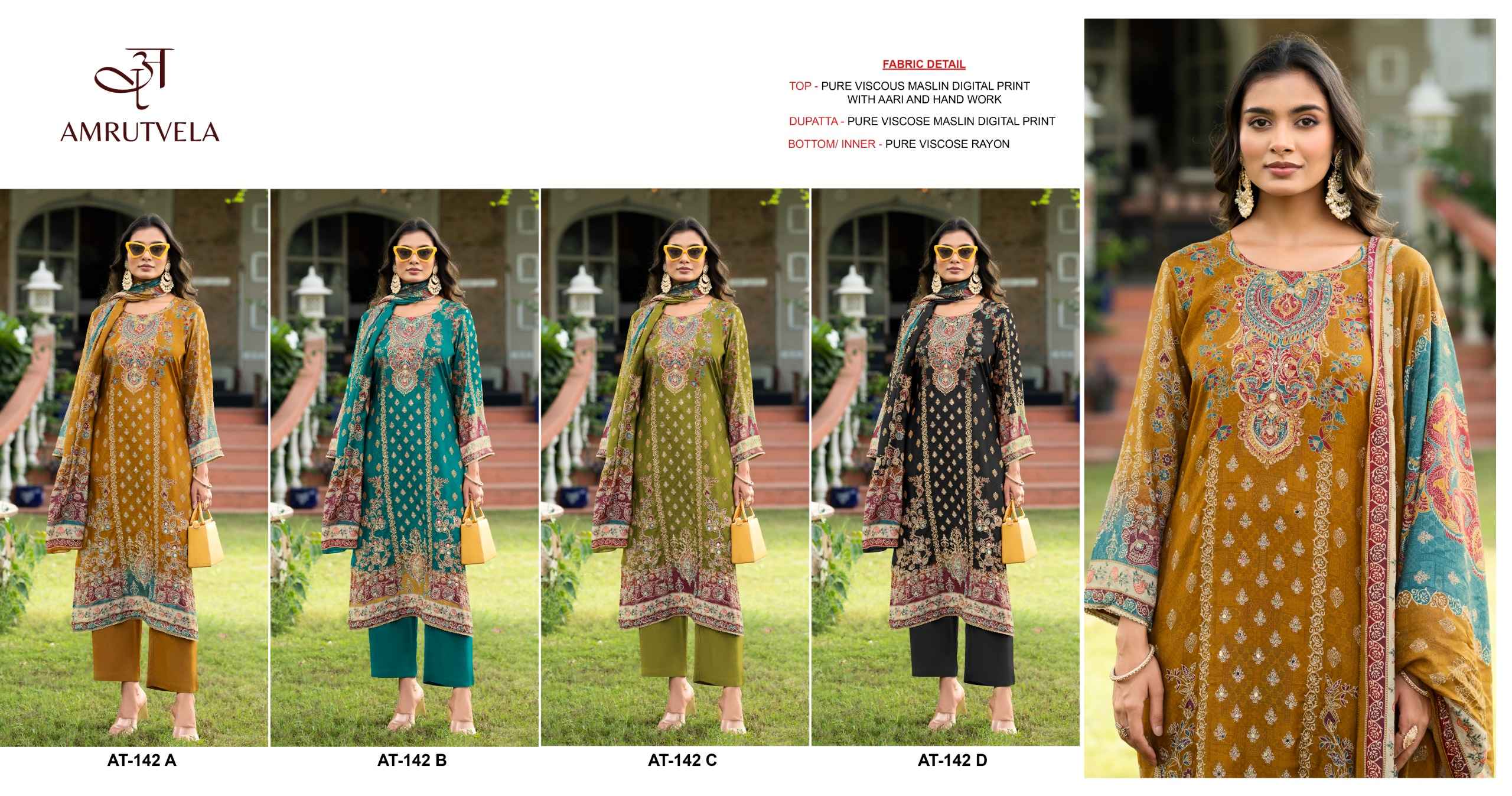 Amrutvela AT 142 Viscose Maslin Dress Material 4 pcs Catalogue