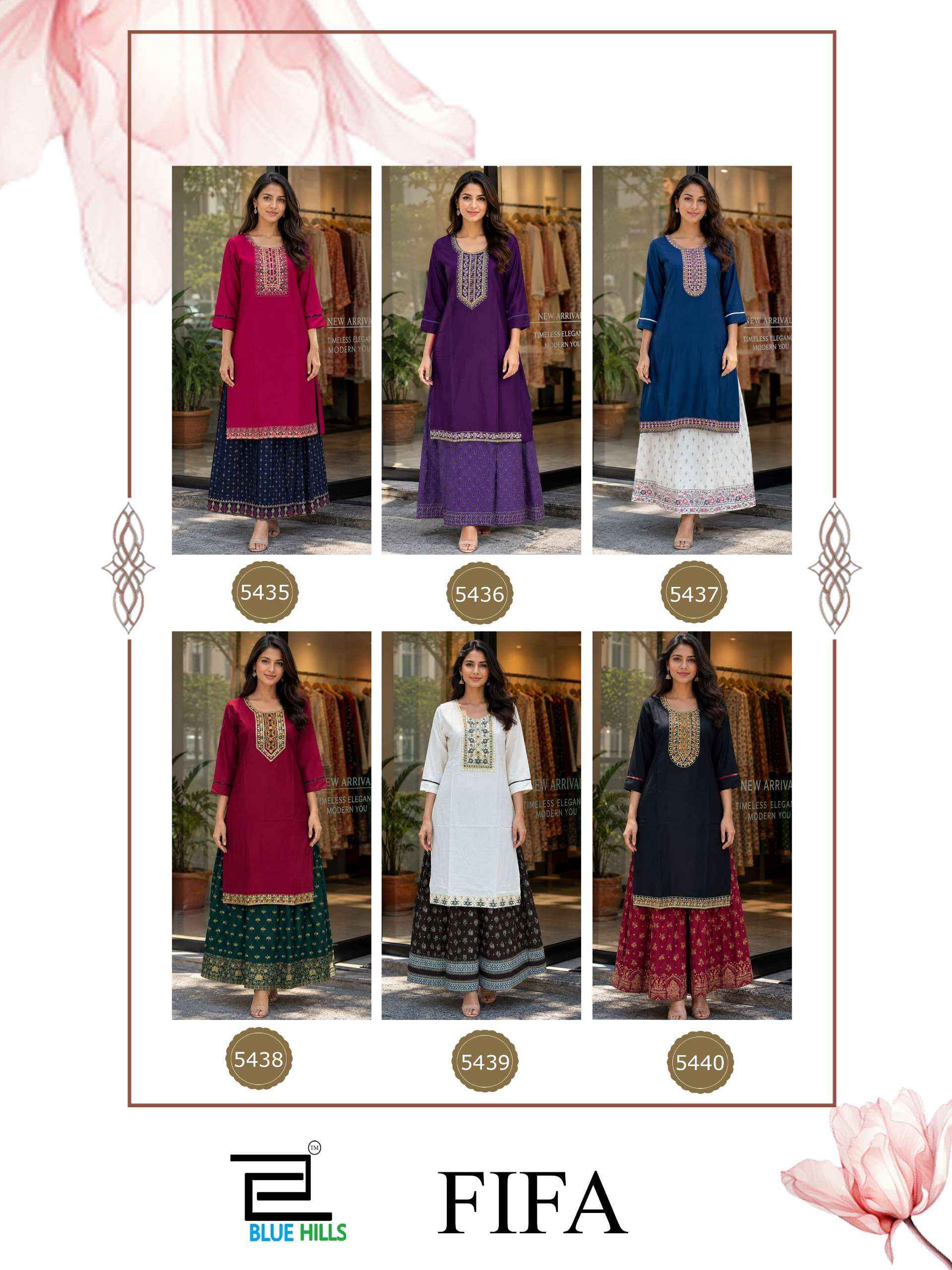 Blue Hills Fifa Rayon Kurti With Skirt 6 pcs Catalogue