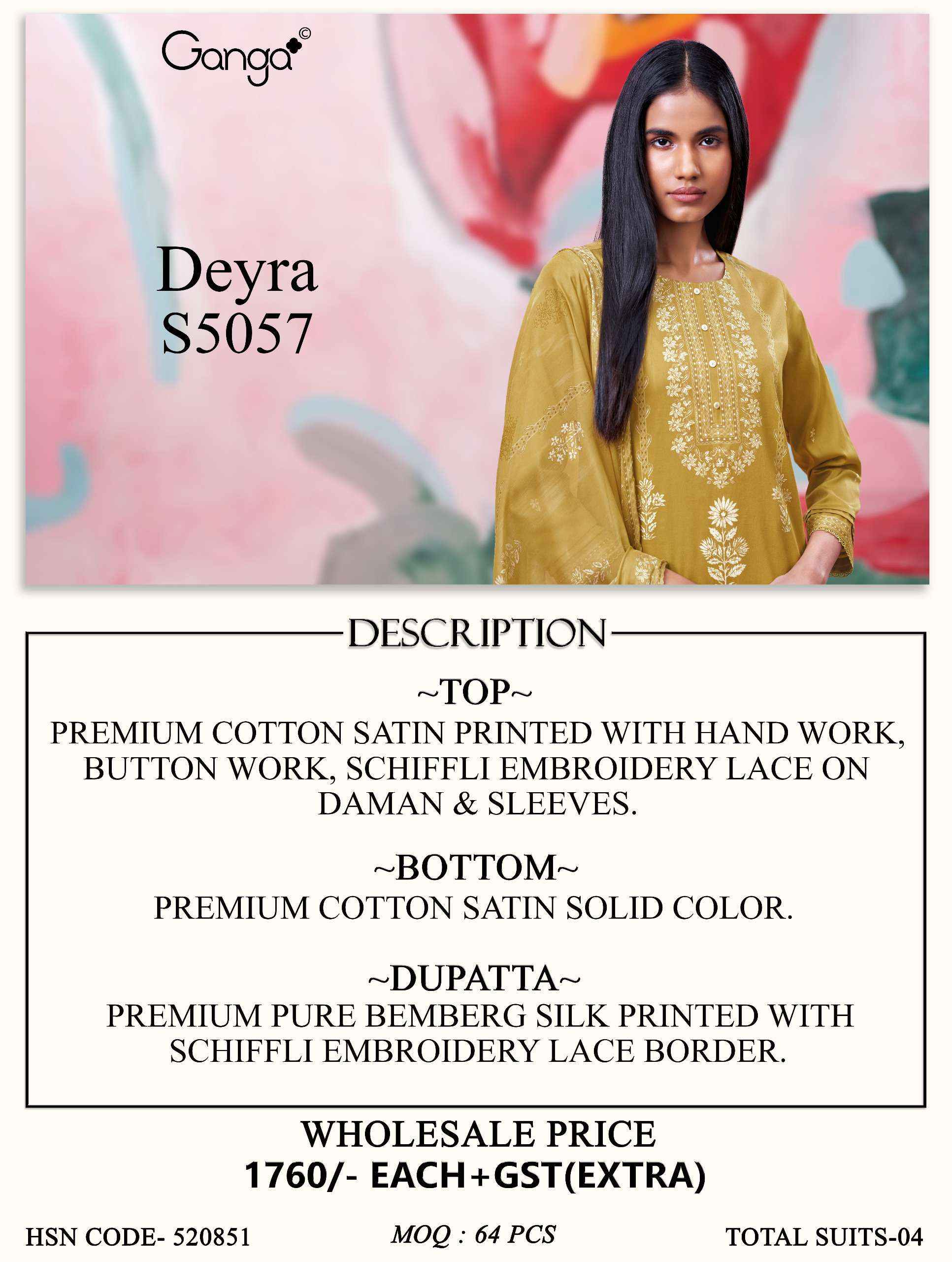 Ganga Deyra 5057 Satin Cotton Dress Material 4 pcs Catalogue
