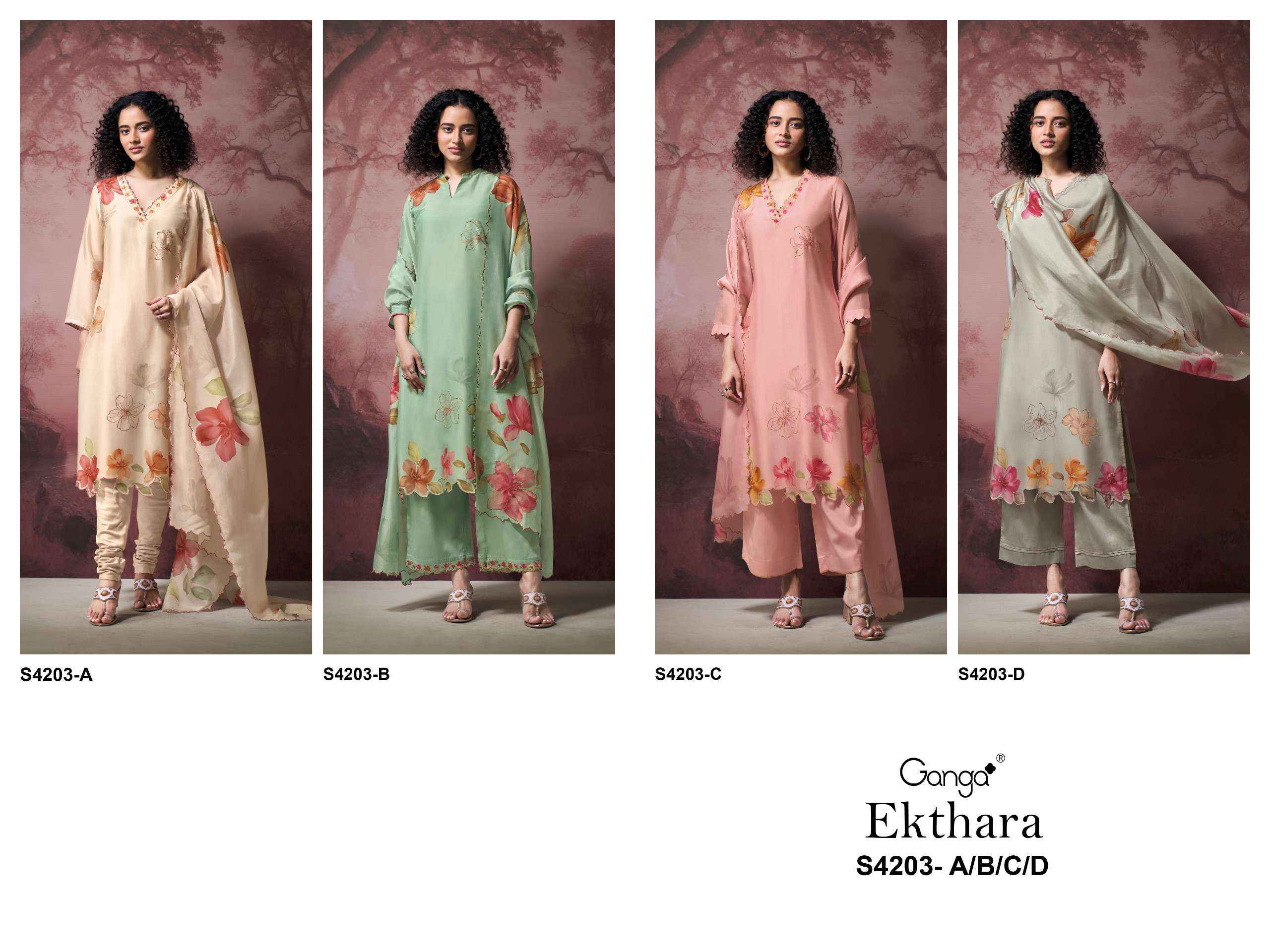 Ganga Ekthara 4203 Silk Satin Dress Material 4 pcs Catalogue