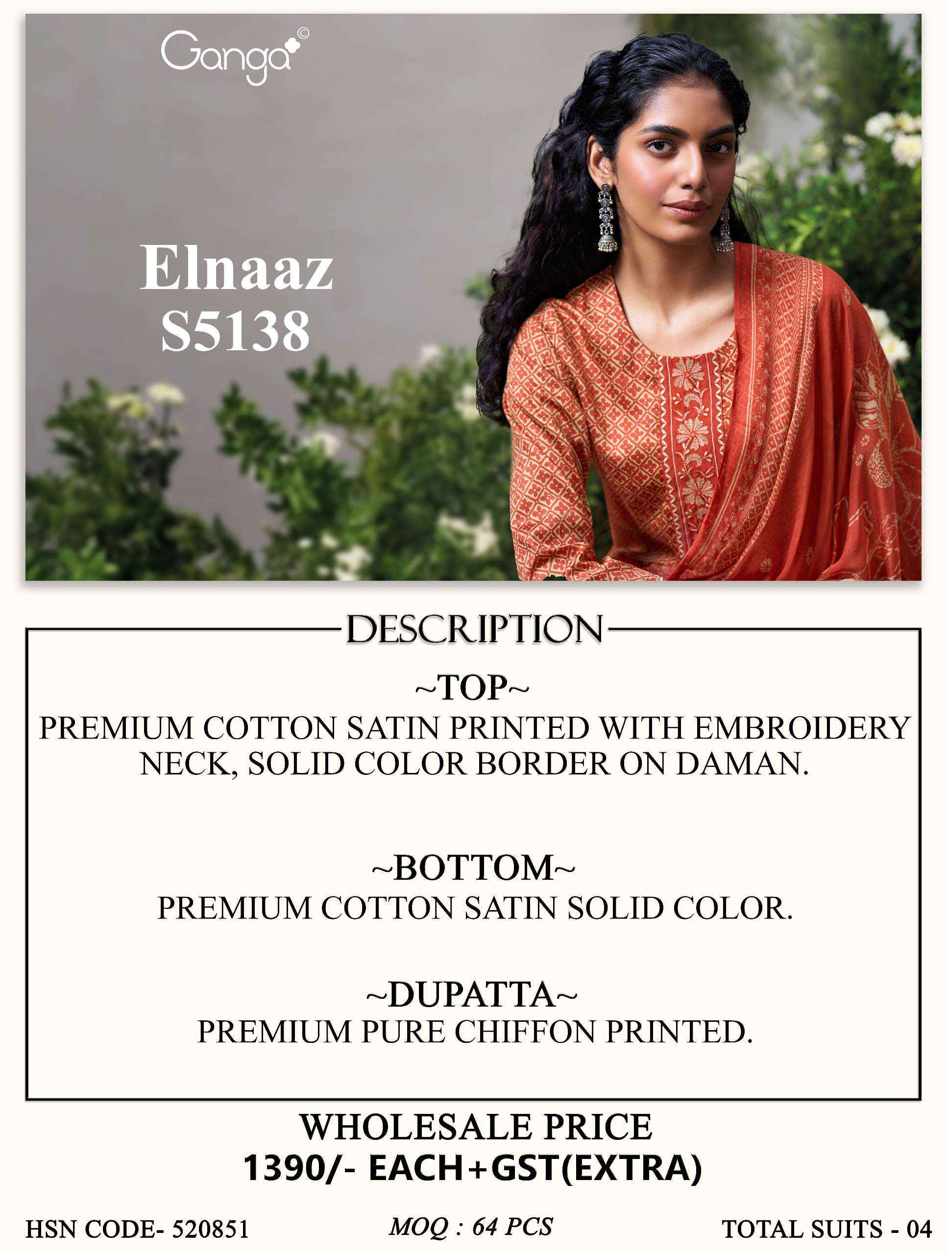Ganga Elnaaz 5138 Satin Cotton Dress Material 4 pcs Catalogue