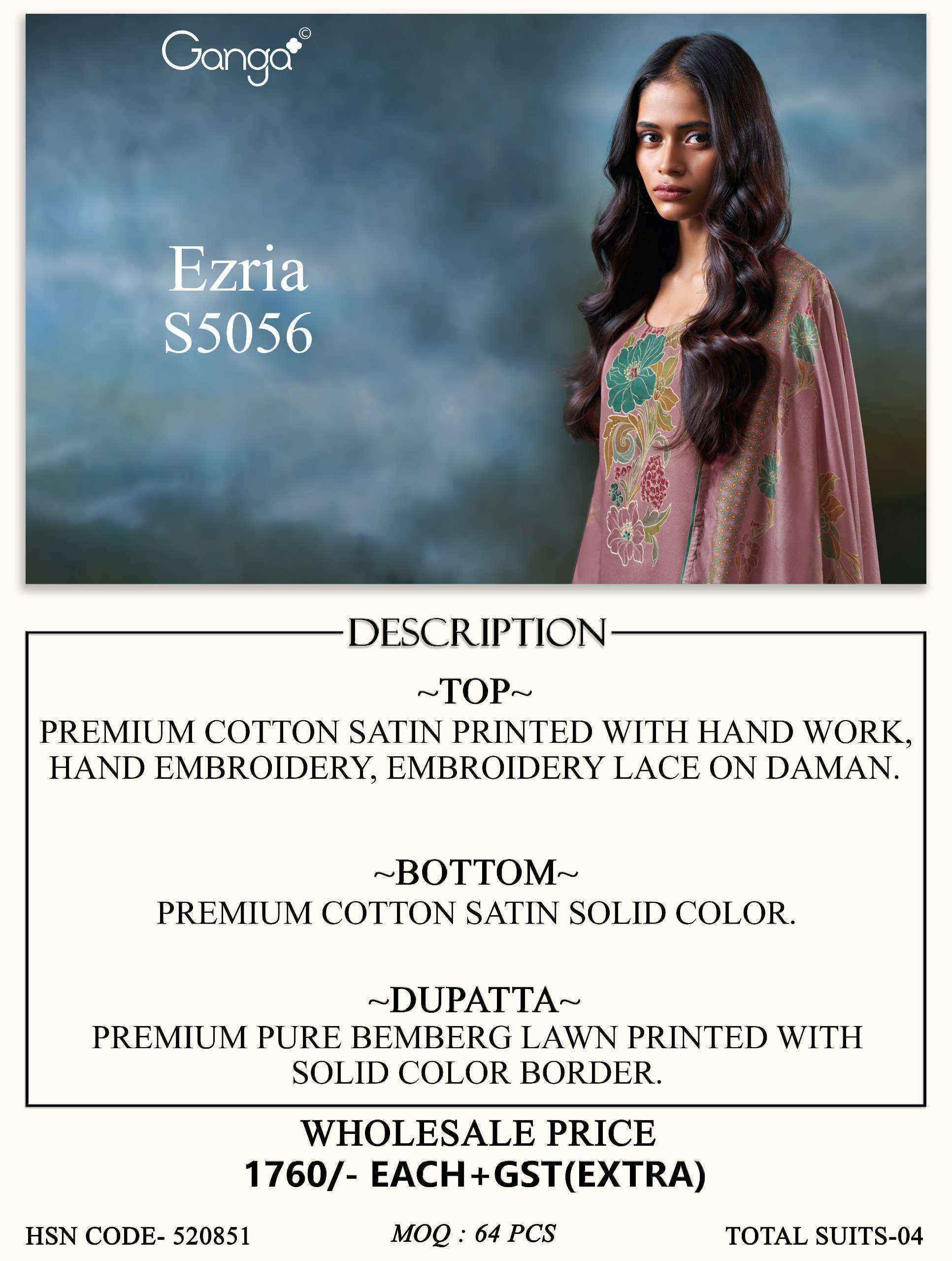 Ganga Ezria 5056 Satin Cotton Dress Material 4 pcs Catalogue