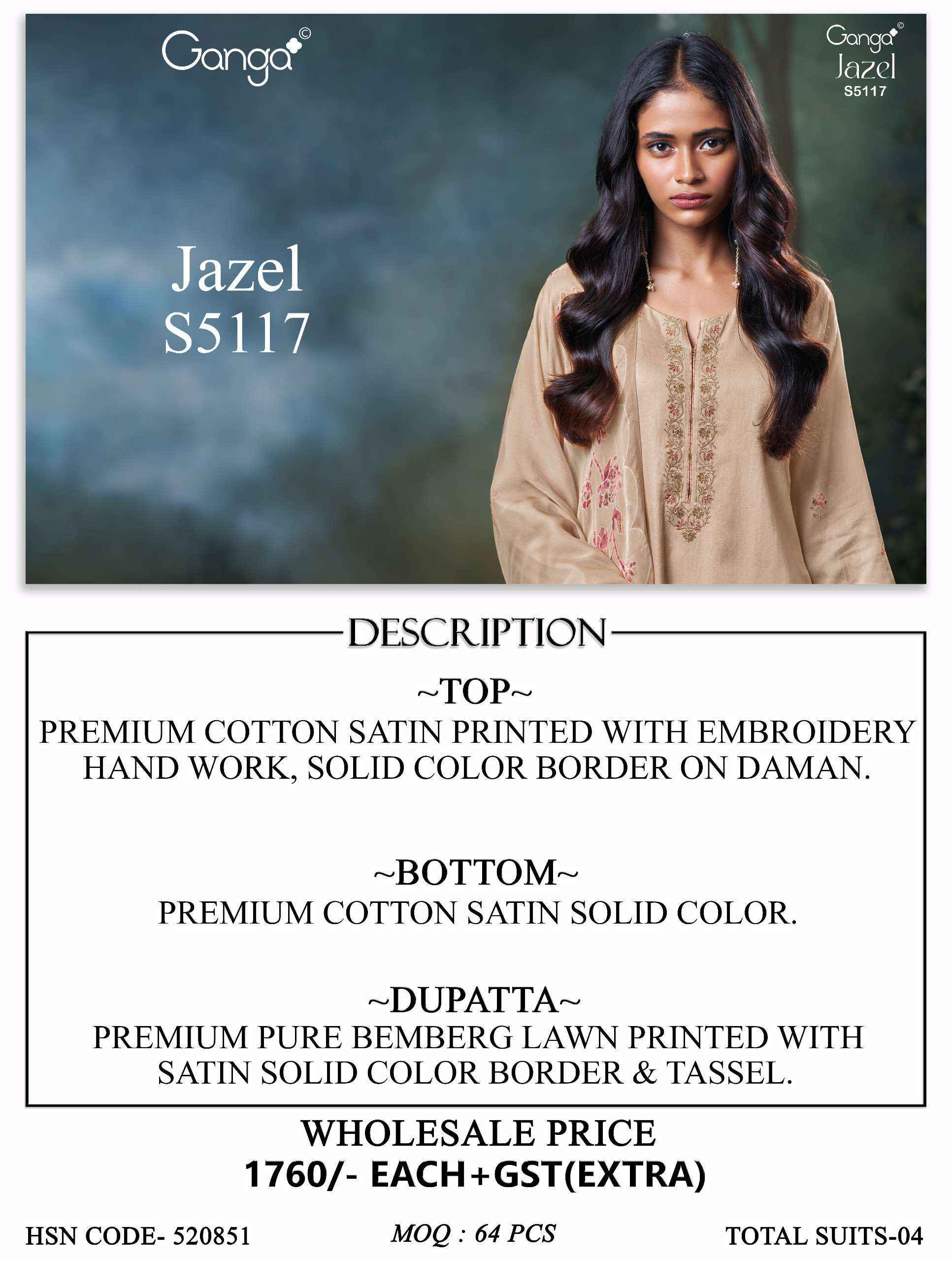 Ganga Jazel 5117 Satin Cotton Dress Material 4 pcs Catalogue