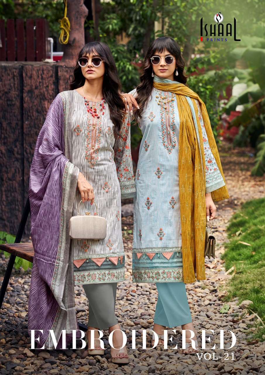 Ishaal Embroidered Vol 21 Lawn Cotton Dress Material 10 pcs Catalogue