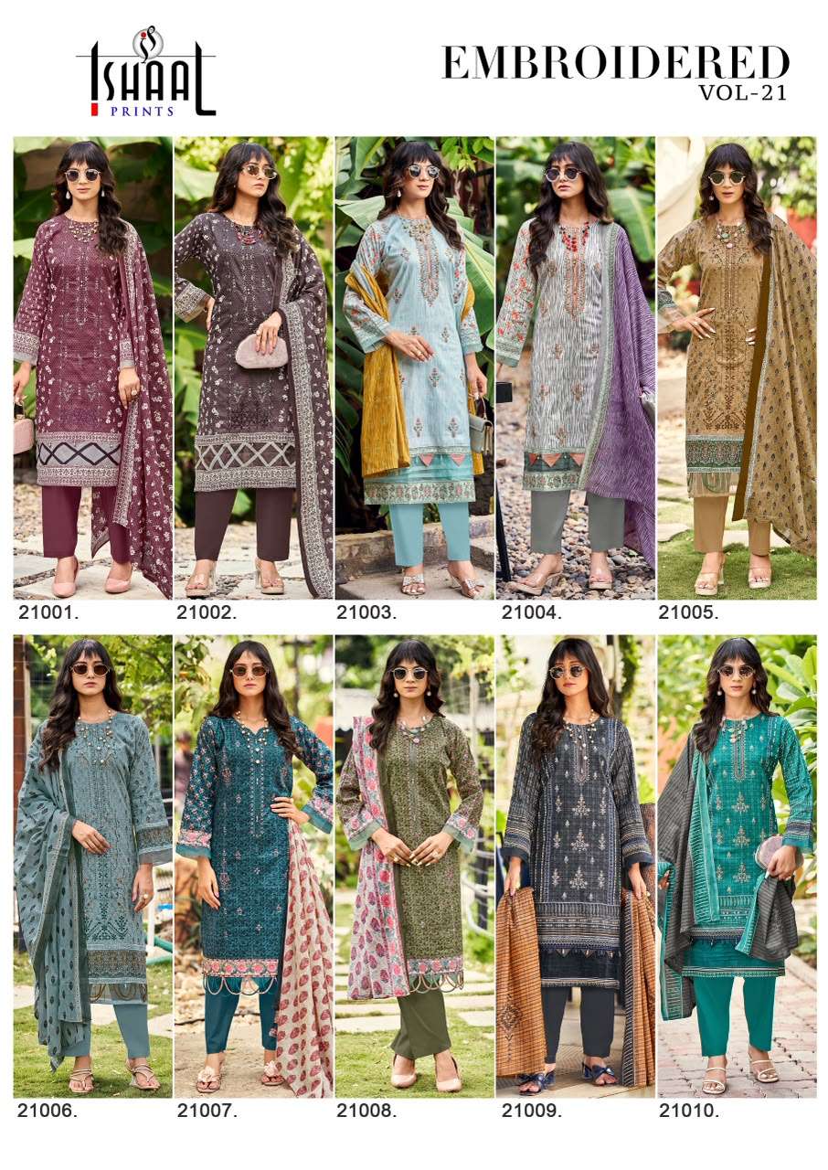 Ishaal Embroidered Vol 21 Lawn Cotton Dress Material 10 pcs Catalogue
