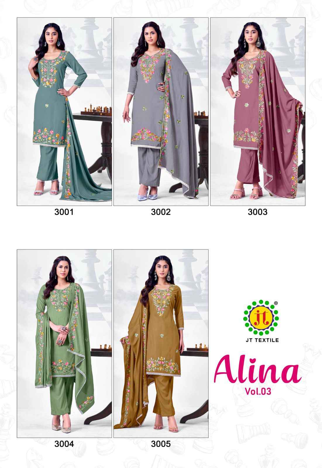 Jt Alina Vol 3 Rayon Dress Material 5 pcs Catalogue
