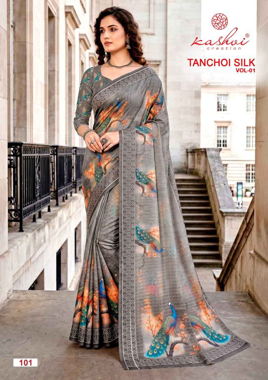 Kashvi Tanchoi Silk Vol 1 Dull Moss Saree 8 pcs Catalogue