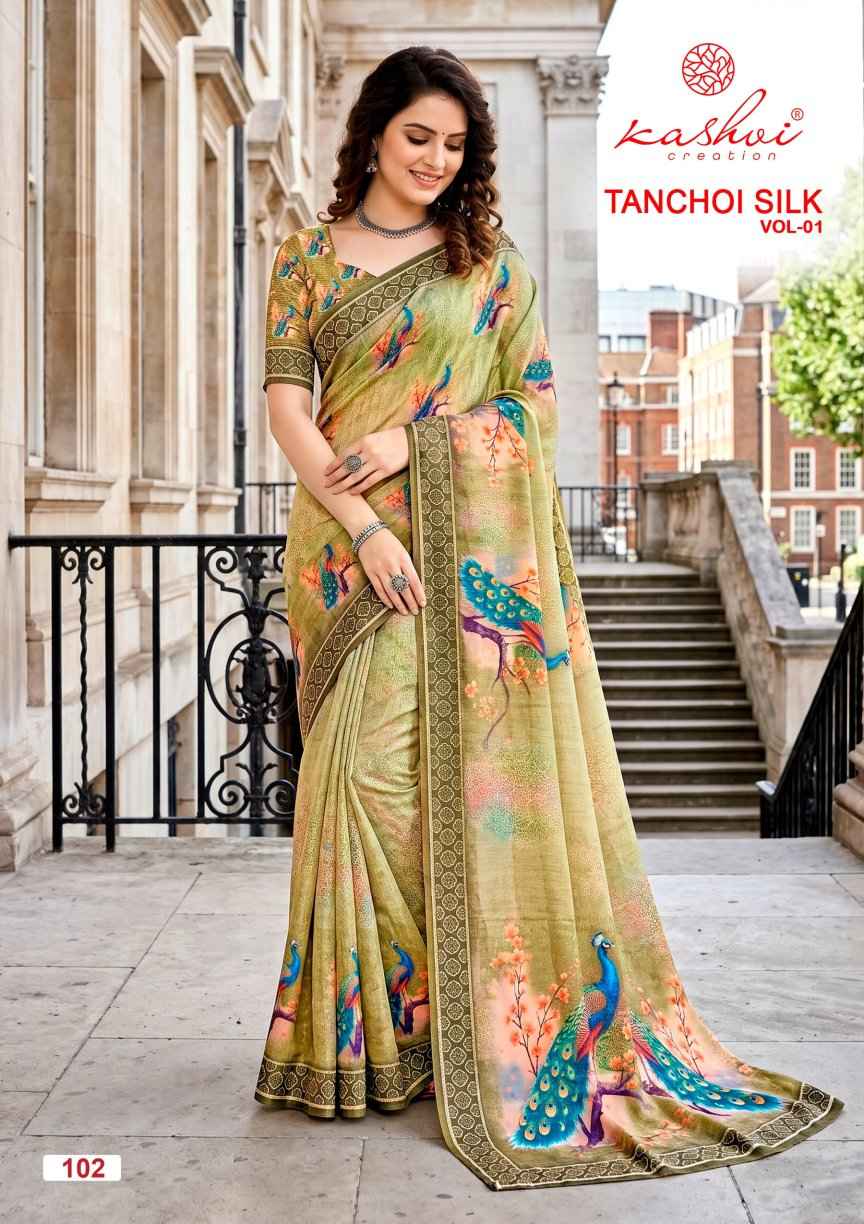 Kashvi Tanchoi Silk Vol 1 Dull Moss Saree 8 pcs Catalogue