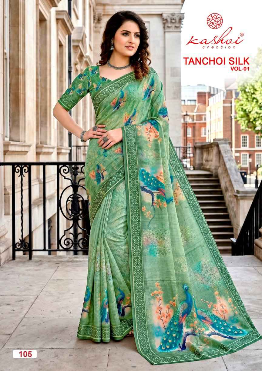 Kashvi Tanchoi Silk Vol 1 Dull Moss Saree 8 pcs Catalogue