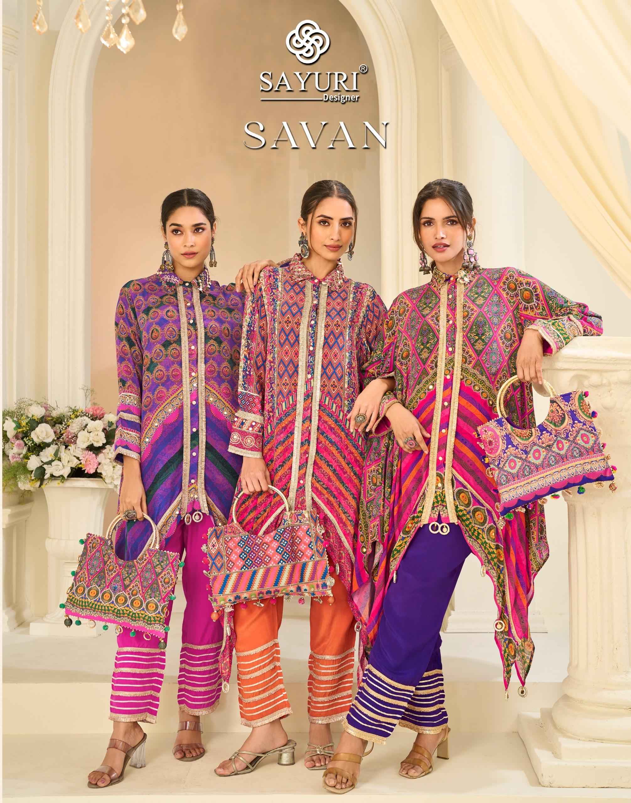 Sayuri Designer Savan Readymade Natural Crep Silk Dress 3 pcs Catalogue