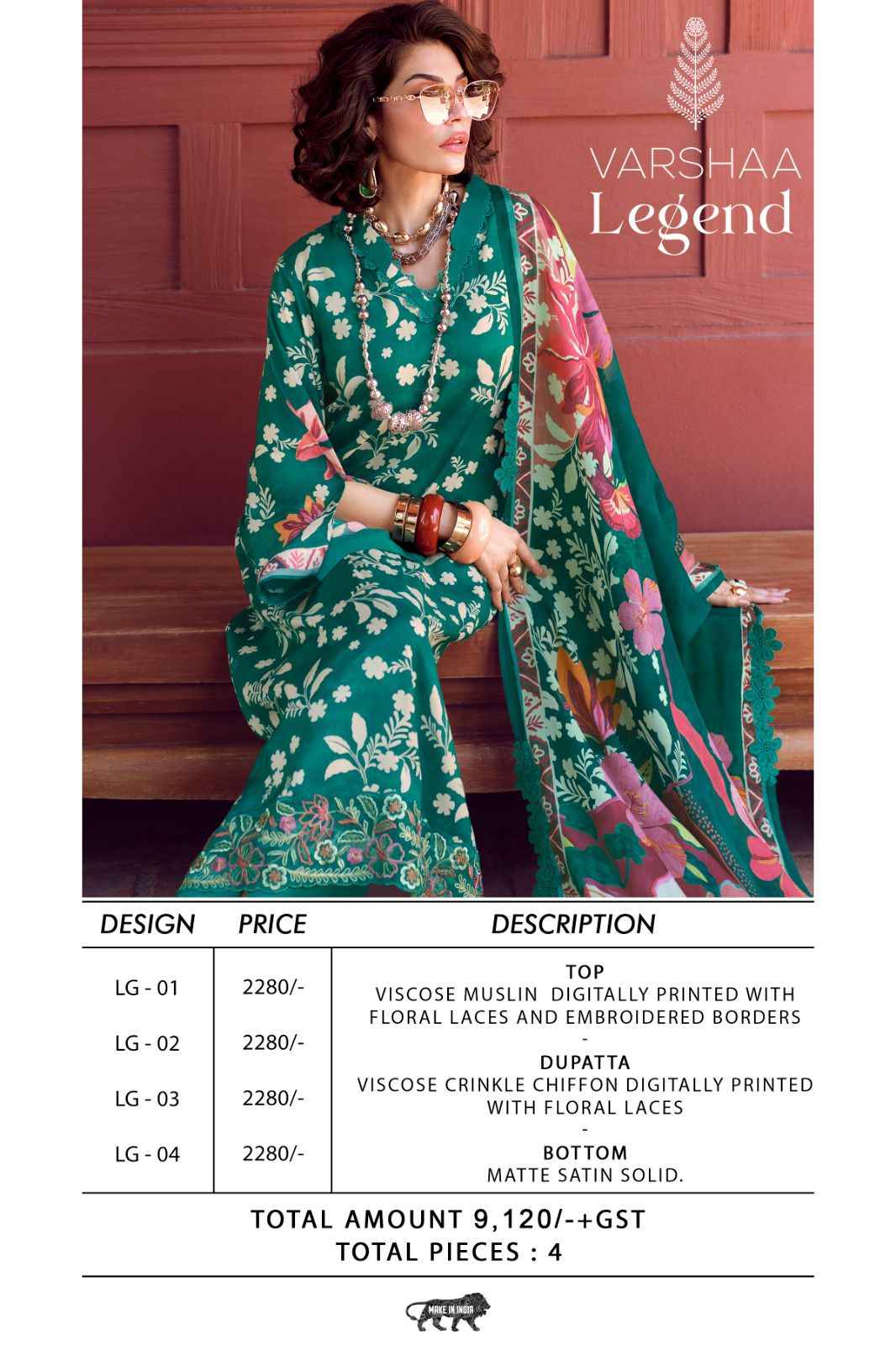 Varshaa Legend Viscose Muslin Dress Material 4 pcs Catalogue